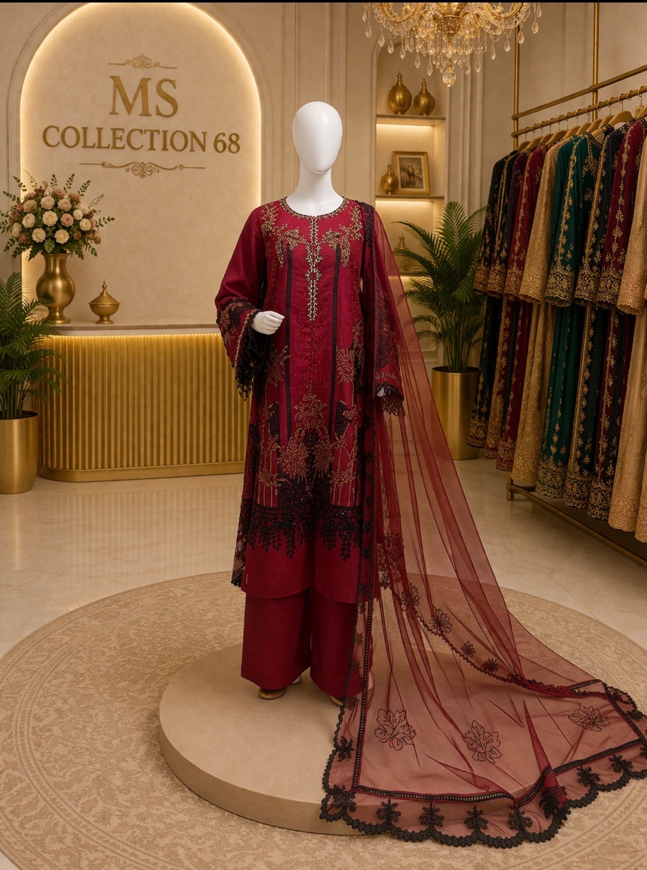 Ruby Majesty Embroidered 3-Piece Suit with Organza Dupatta