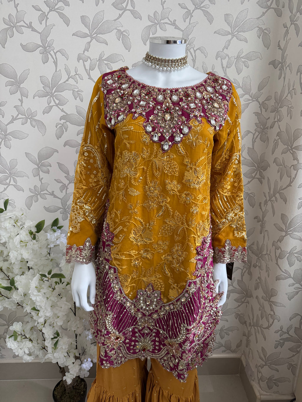 IMROZIAA- 3 piece Embroidered chiffon Gharara Suit