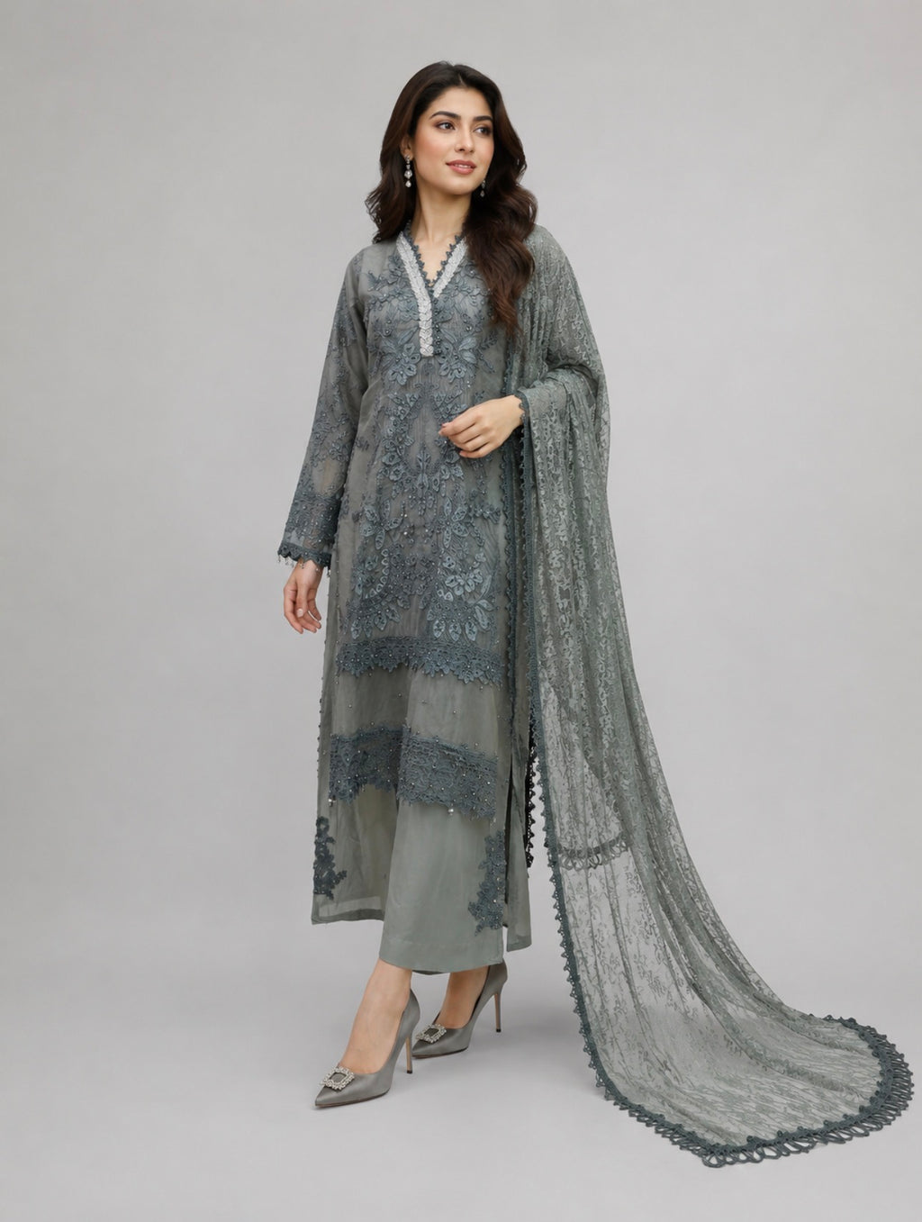 Sage Elegance- 3 piece Luxury Embroidered khaadi Net Suit