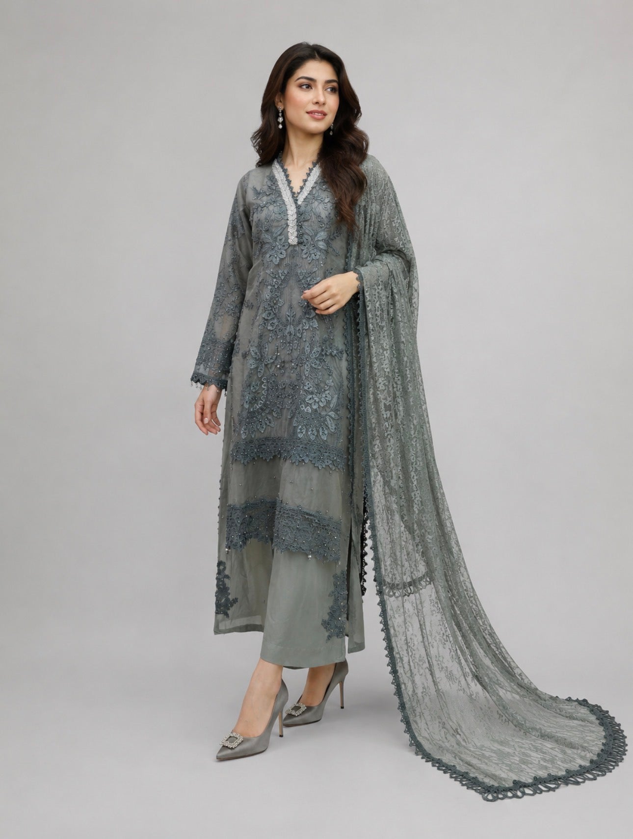 Sage Elegance- 3 piece Luxury Embroidered khaadi Net Suit