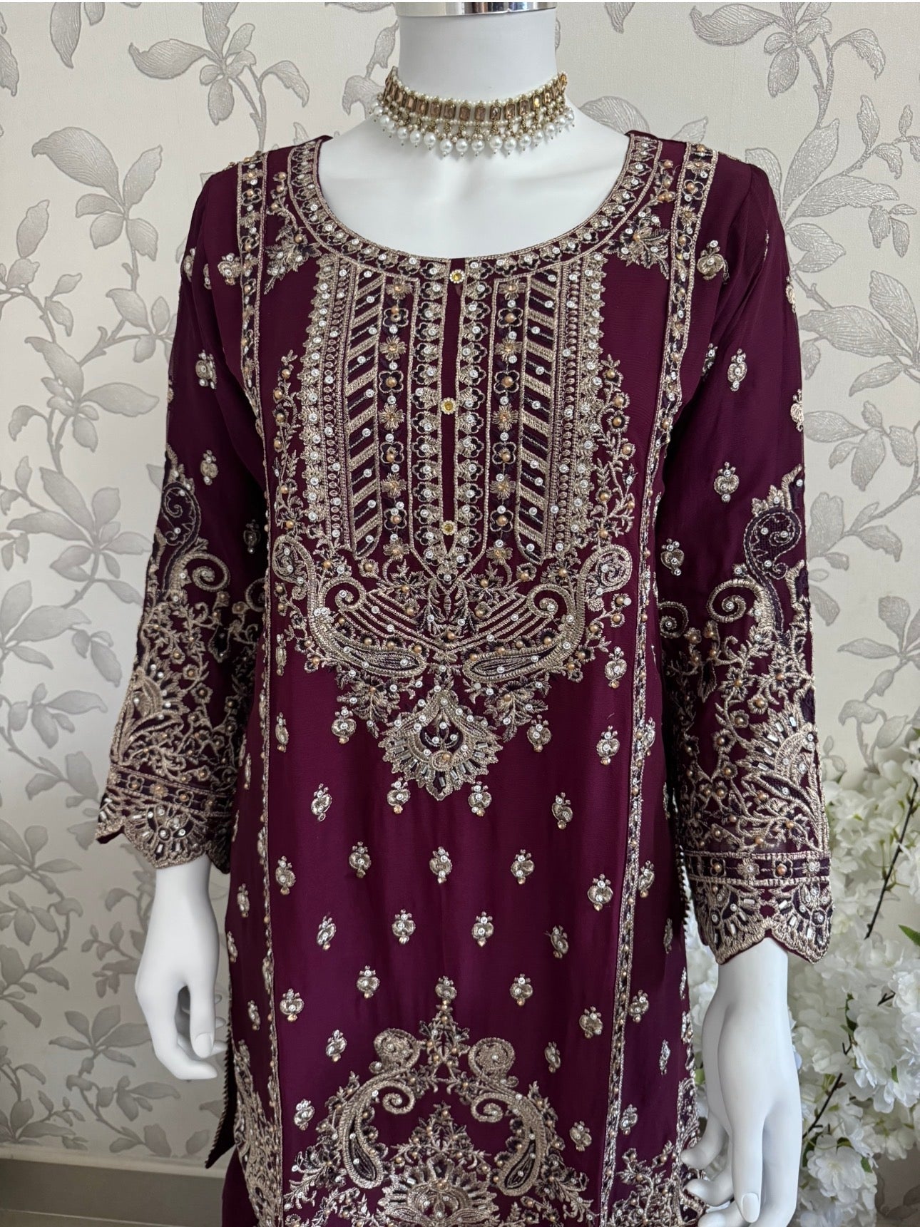 SAFFA- 3 piece Embroidered Chiffon Gharara Suit