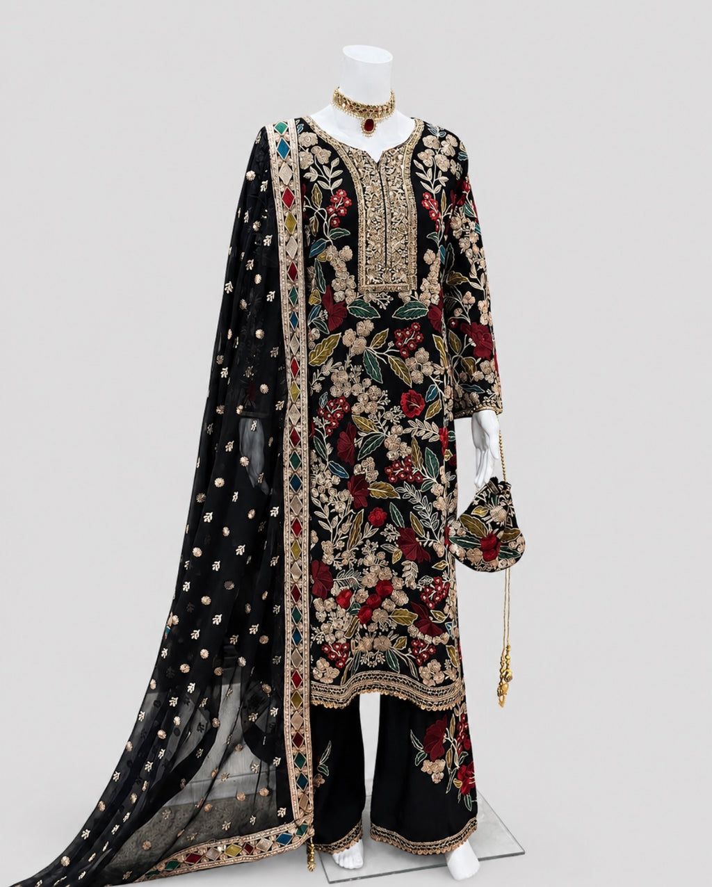MAHNAZ-  4 pieces Heavy Embroidered chiffon suit