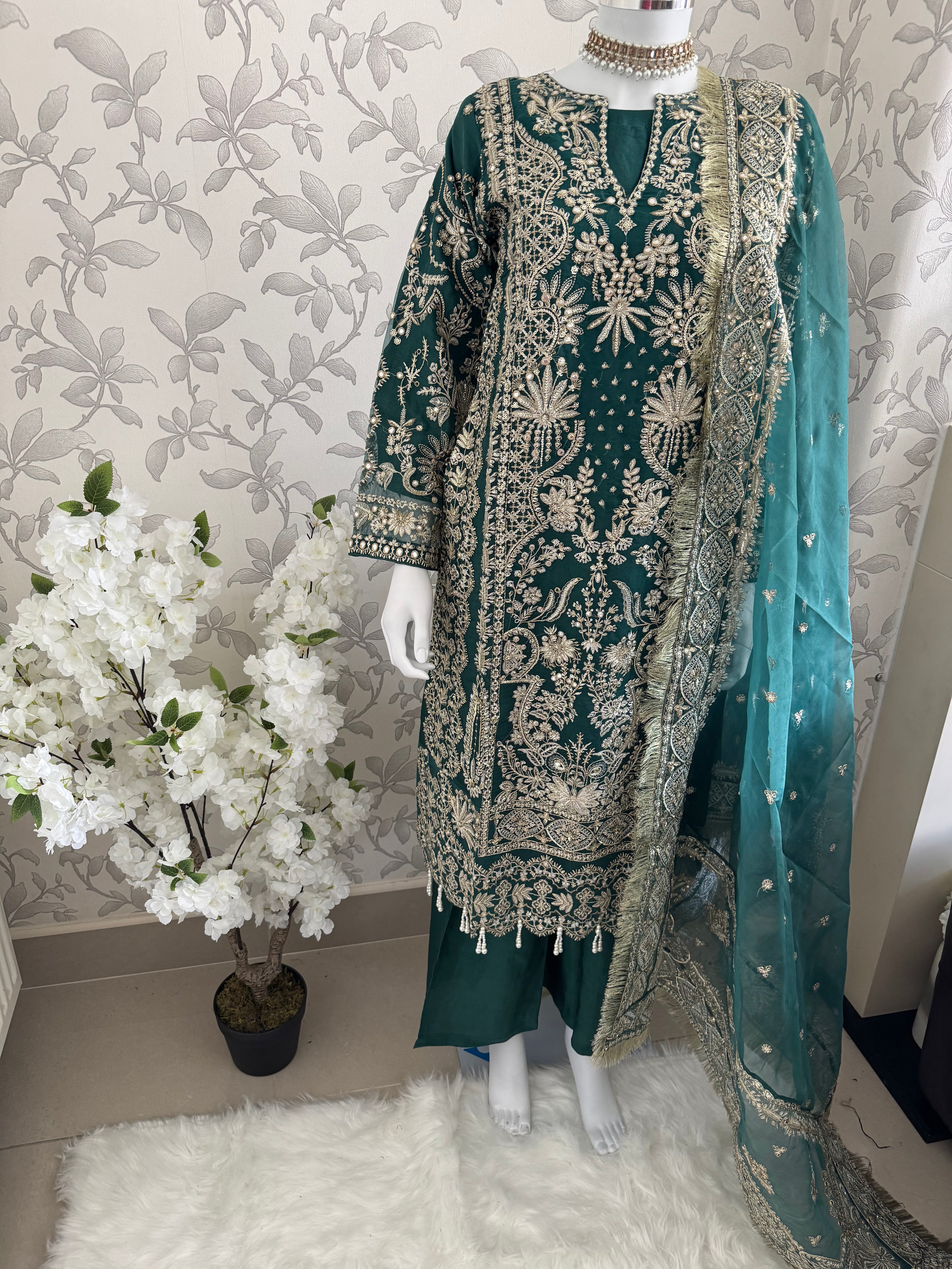 AFROZ Emerald- 3 piece Embroidered soft Organza Suit