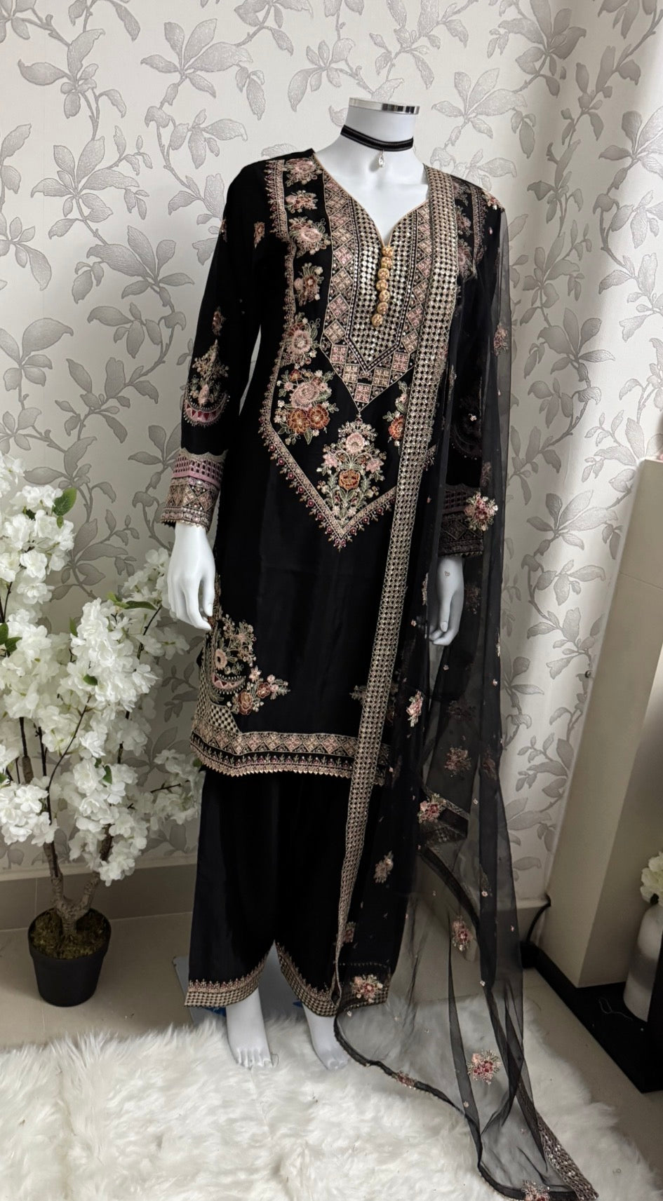 ETHNIC LUX- 3 piece Embroidered viscose Suit