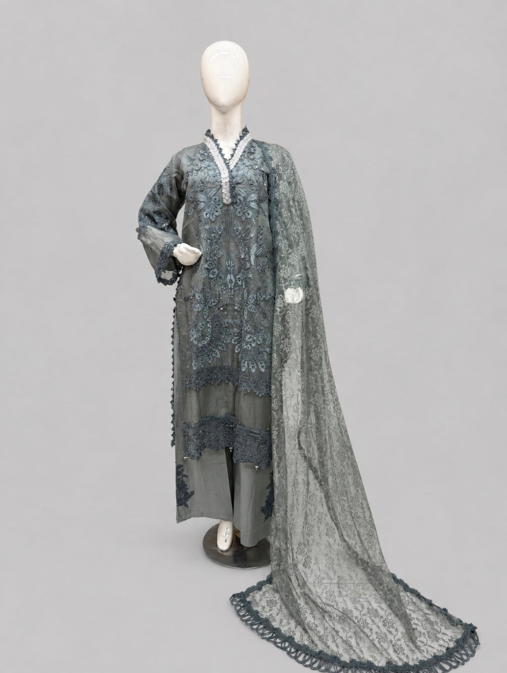 Sage Elegance- 3 piece Luxury Embroidered khaadi Net Suit