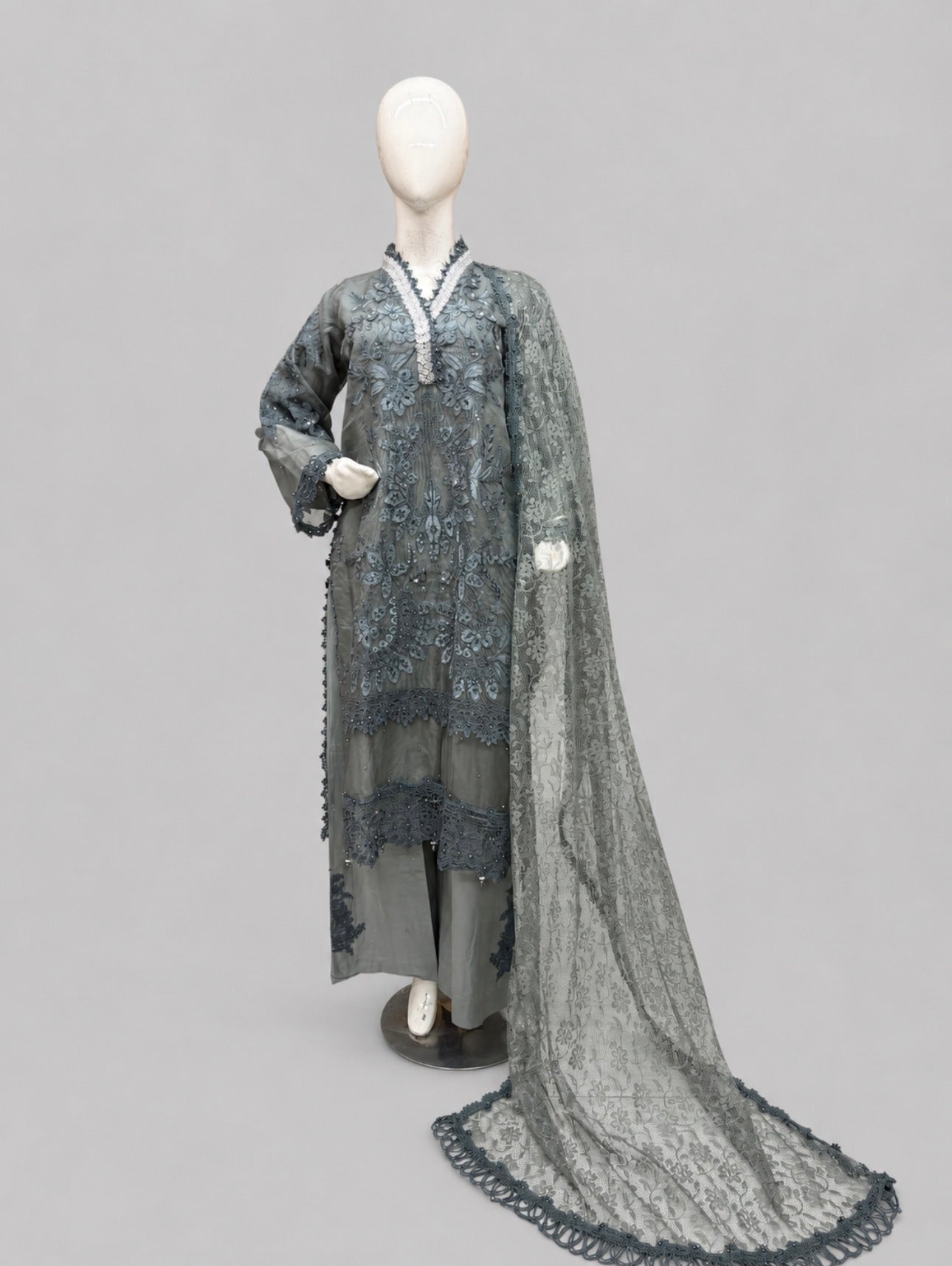 Sage Elegance- 3 piece Luxury Embroidered khaadi Net Suit