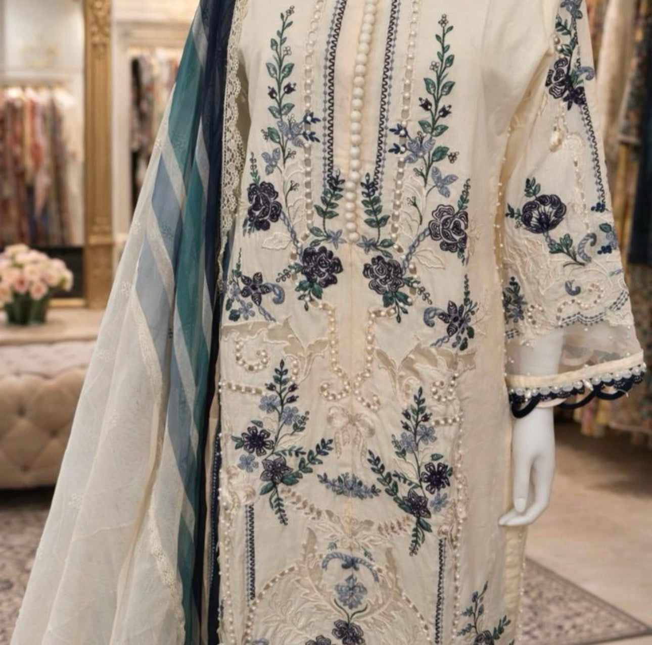 Azure Bloom- 3 piece Luxury Embroidered Suit
