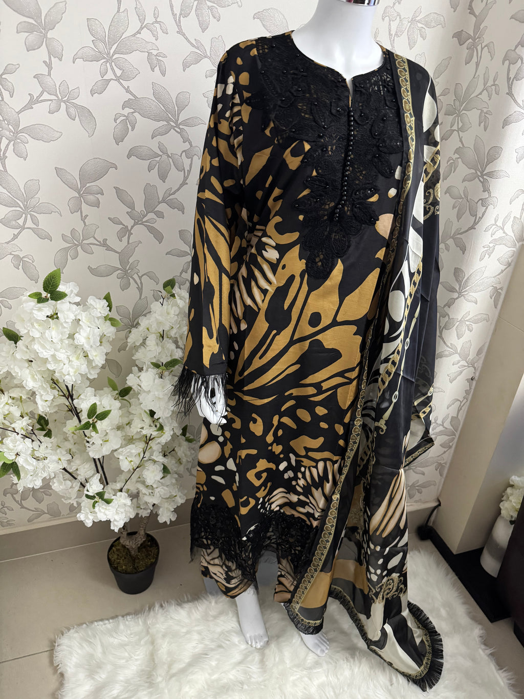 M Prints inspired Embroidered 3-Piece Suit | Pakistani Designer Dress