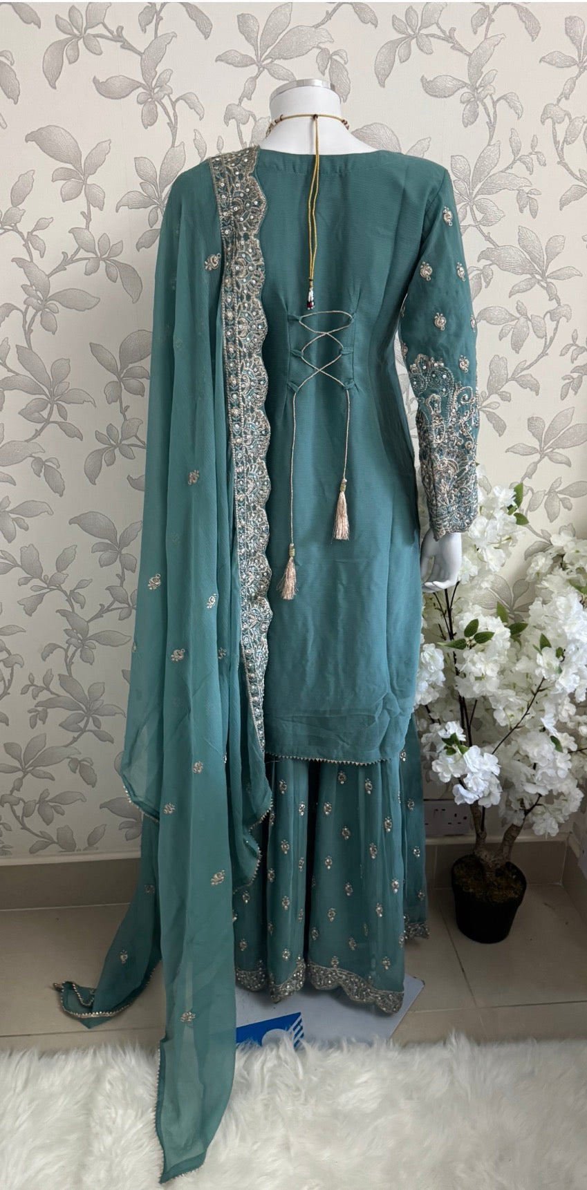 SAFFA- 3 piece Embroidered Chiffon Gharara Suit