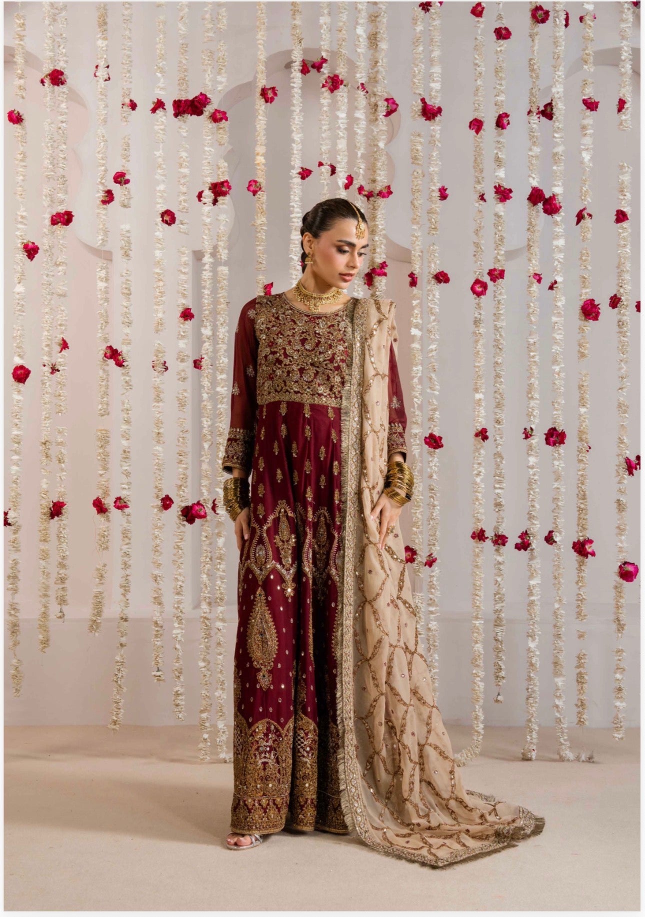ALANI Royal Maroon- 3 pieces heavy embroidered chiffon Maxi Dress
