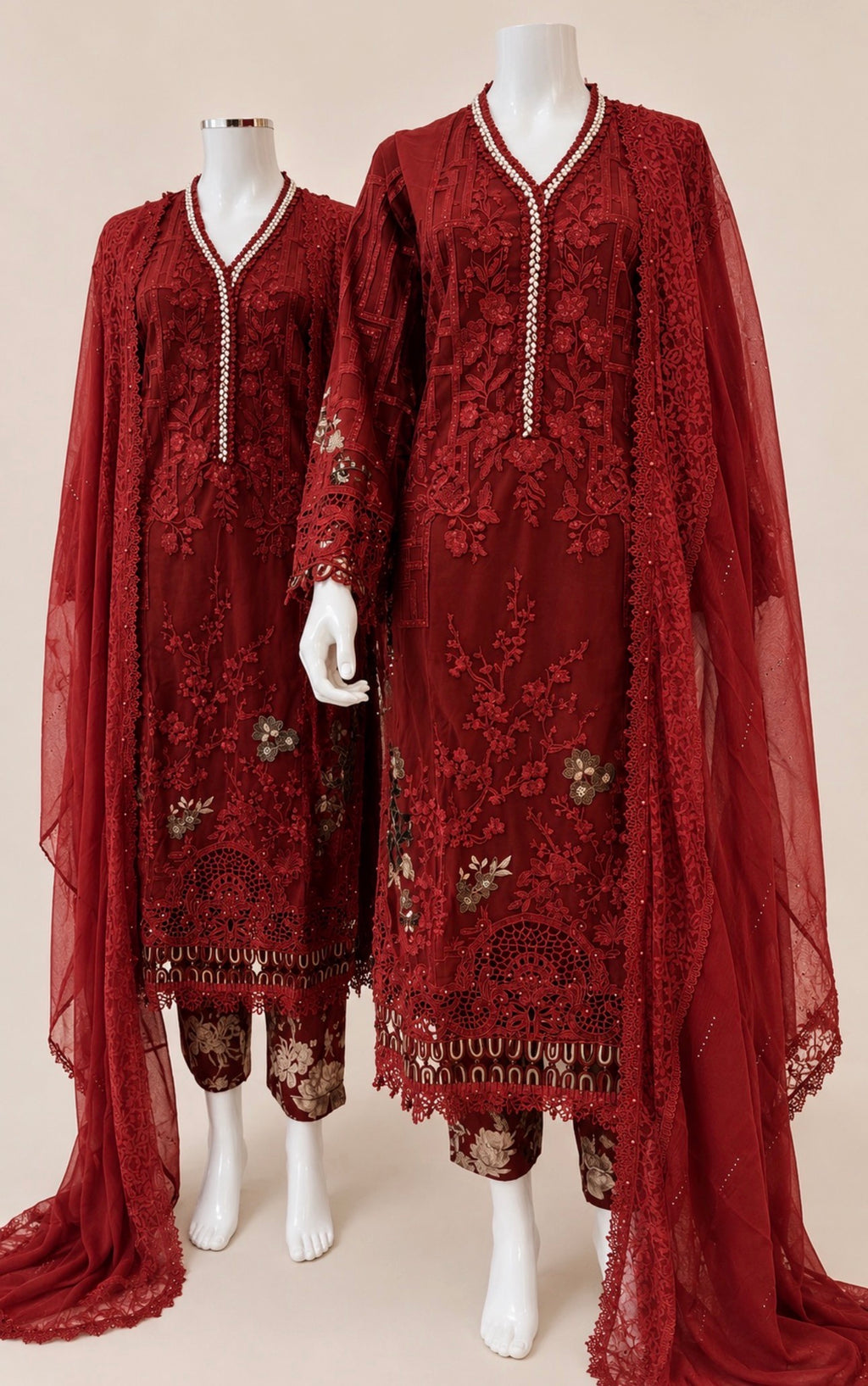 Ruby Royale- 3 piece Luxury Embroidered Net Suit