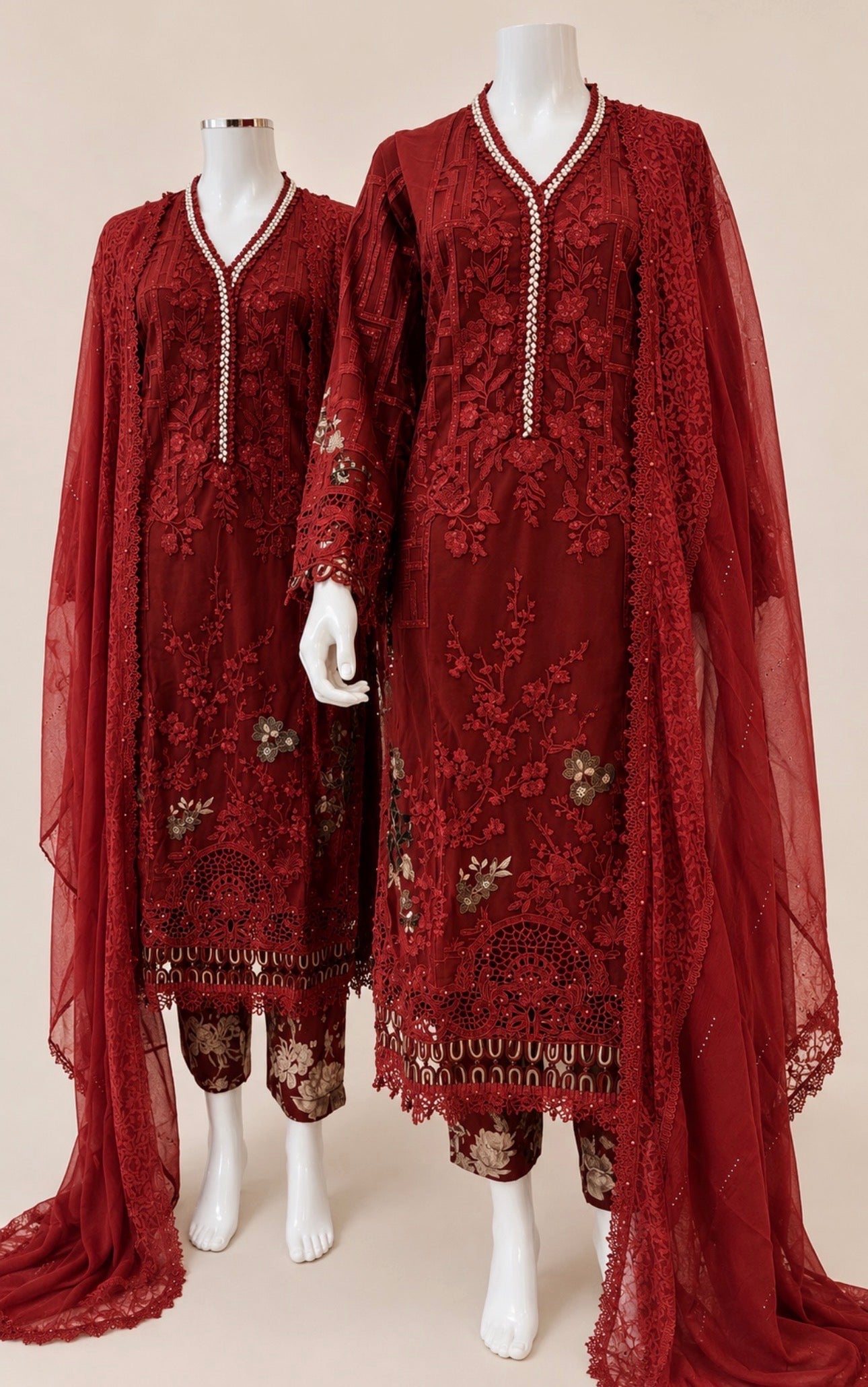 Ruby Royale- 3 piece Luxury Embroidered Net Suit
