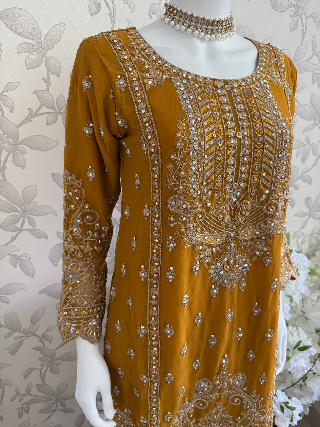 SAFFA- 3 piece Embroidered Chiffon Gharara Suit