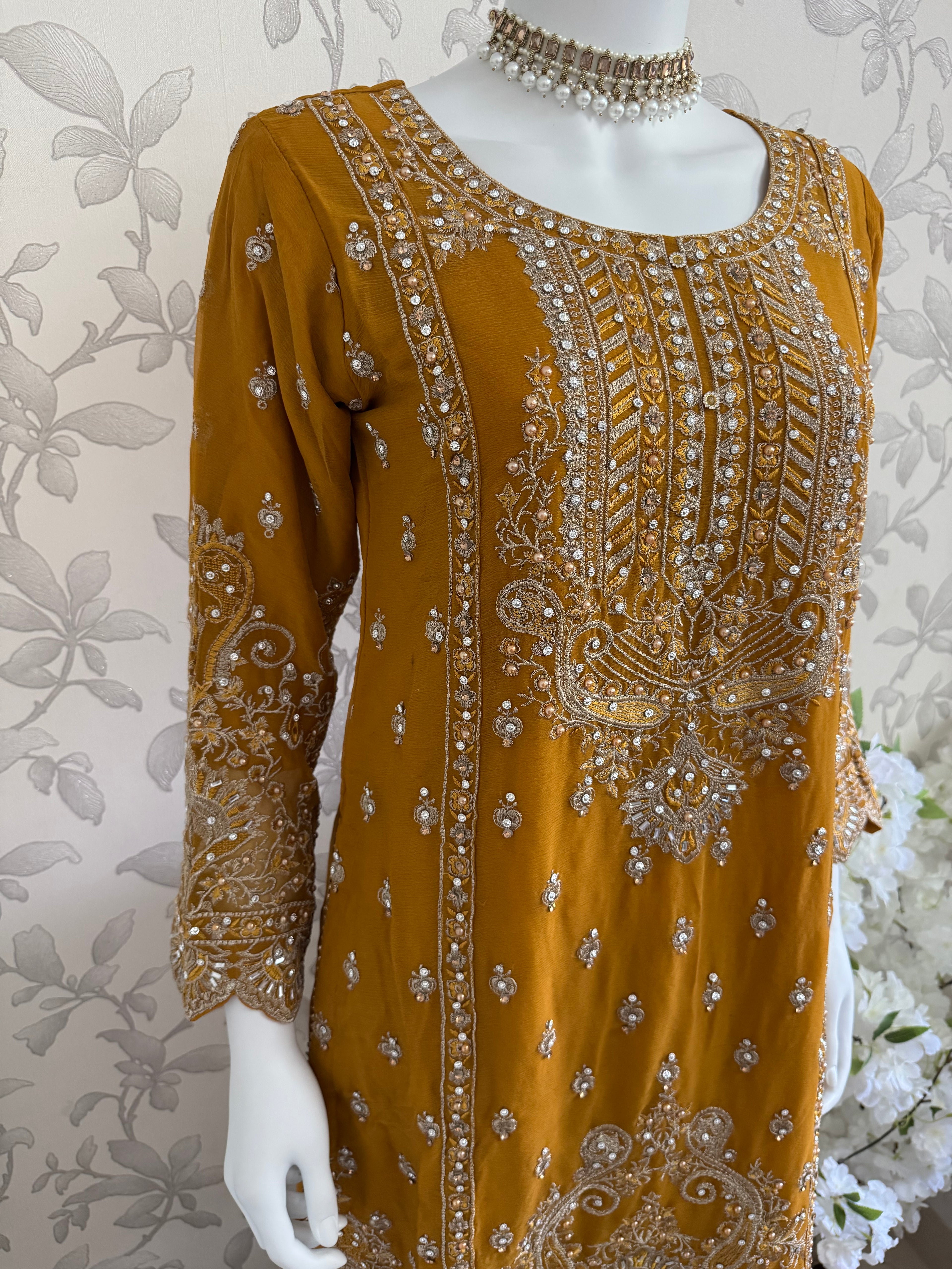 SAFFA- 3 piece Embroidered Chiffon Gharara Suit