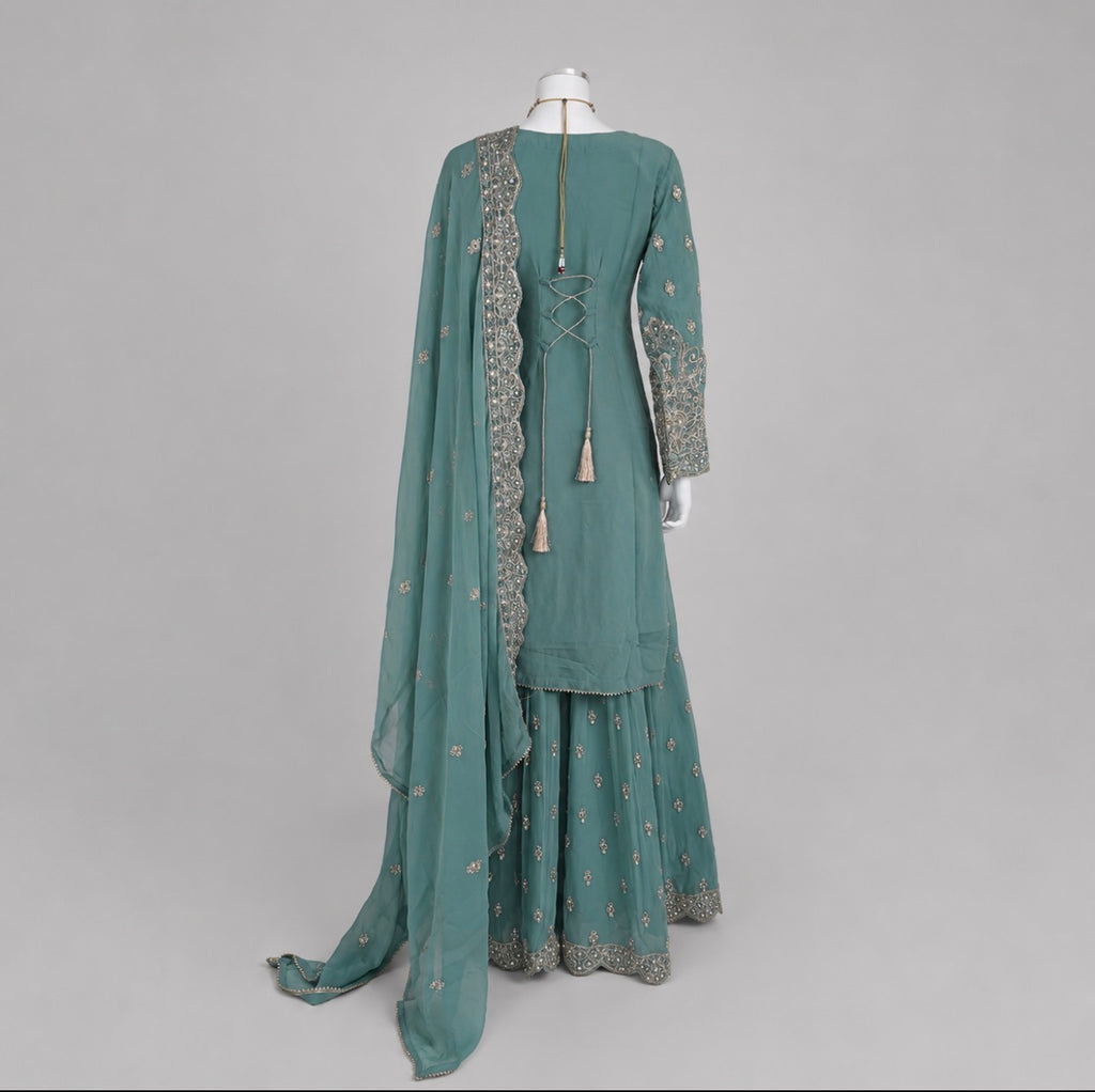 SAFFA- 3 piece Embroidered Chiffon Gharara Suit