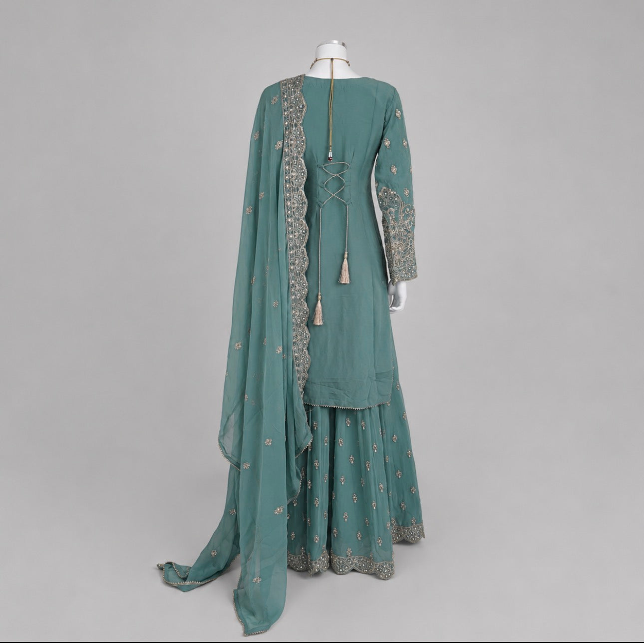 SAFFA- 3 piece Embroidered Chiffon Gharara Suit