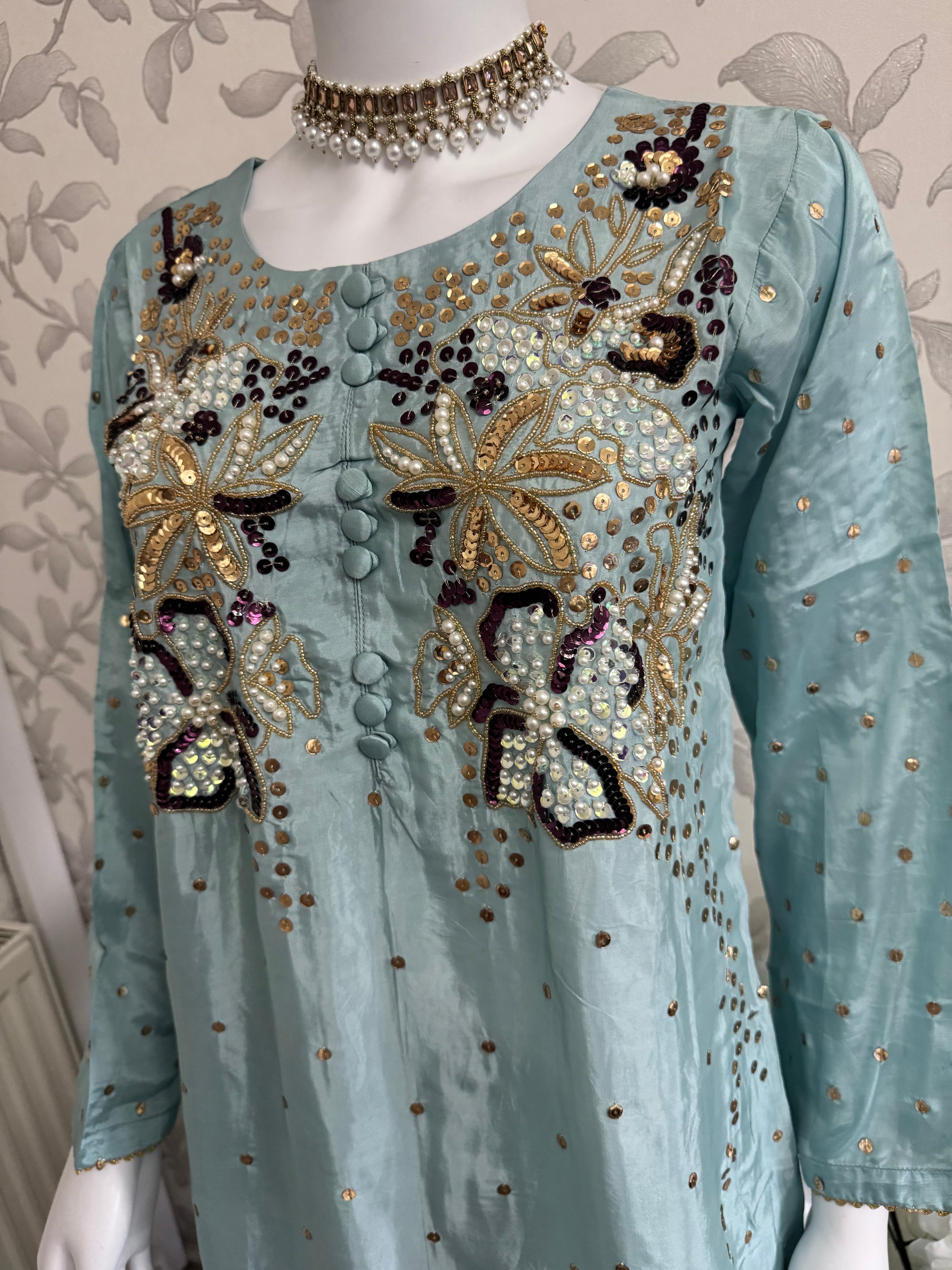 SILKY CHARM- 3 piece sequins Embroidered Silk Suit