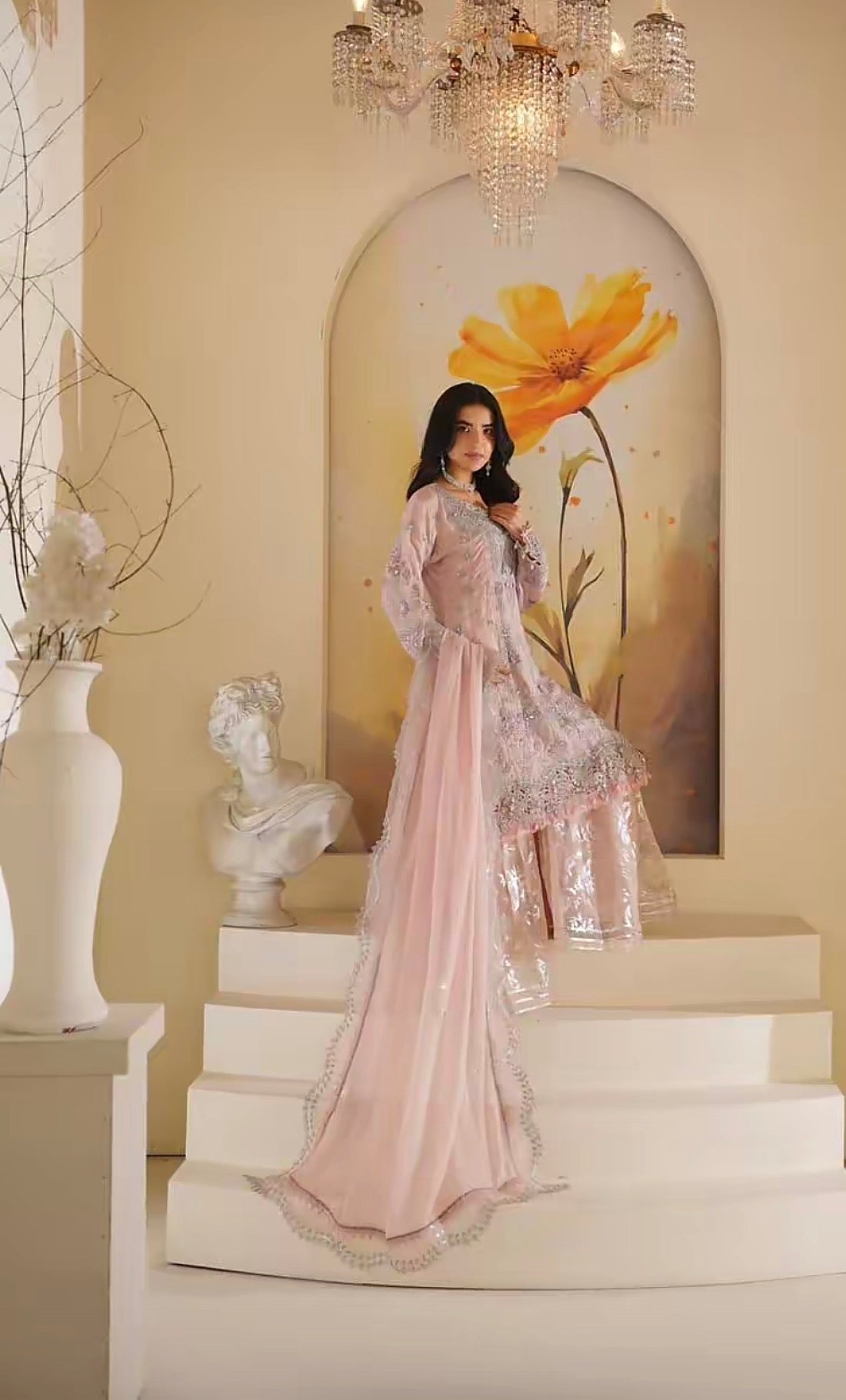 Blush Pearl Embroidered 3-Piece Luxury Sharara Suit with Chiffon Dupatta