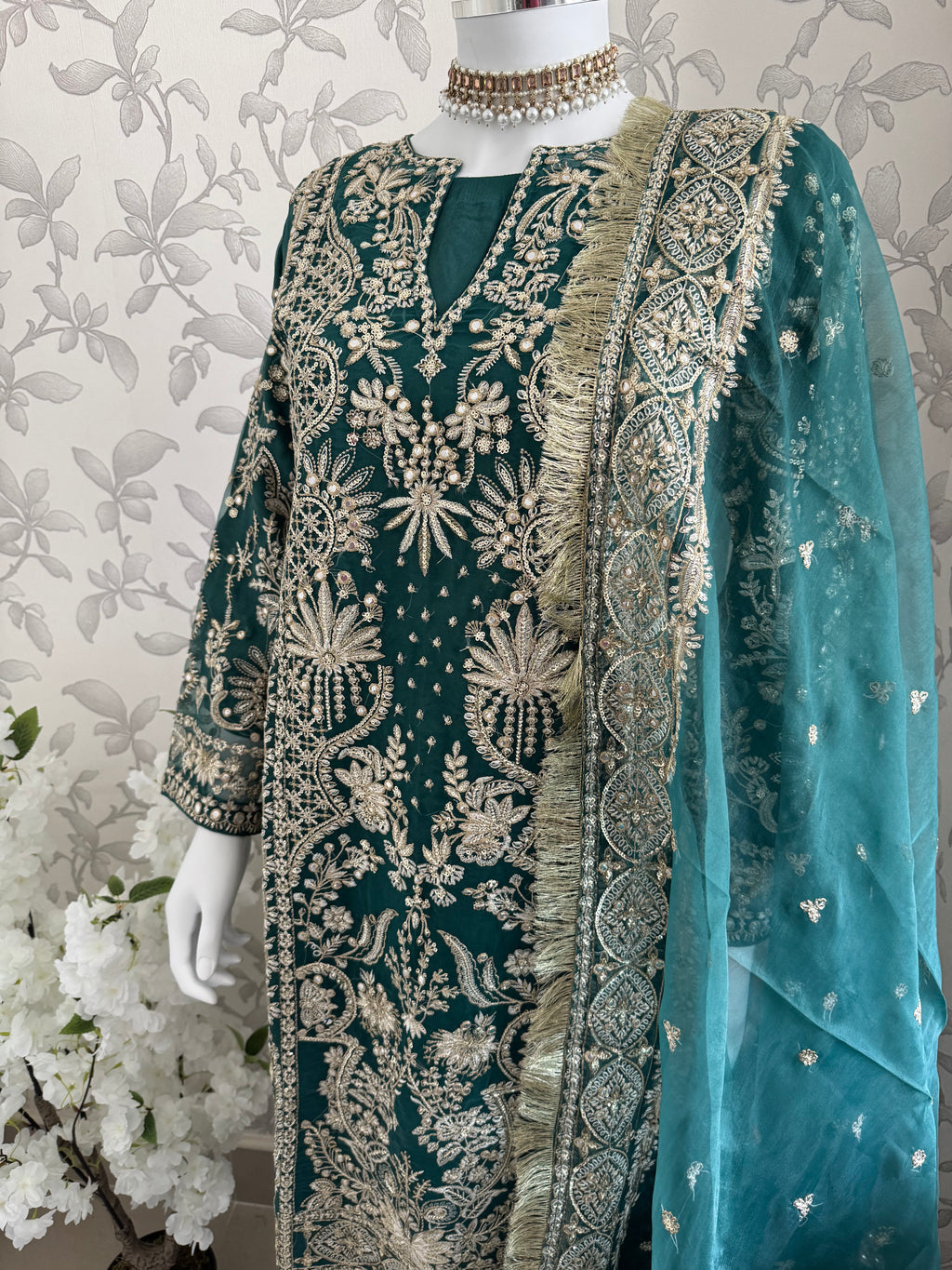 AFROZ Emerald- 3 piece Embroidered soft Organza Suit