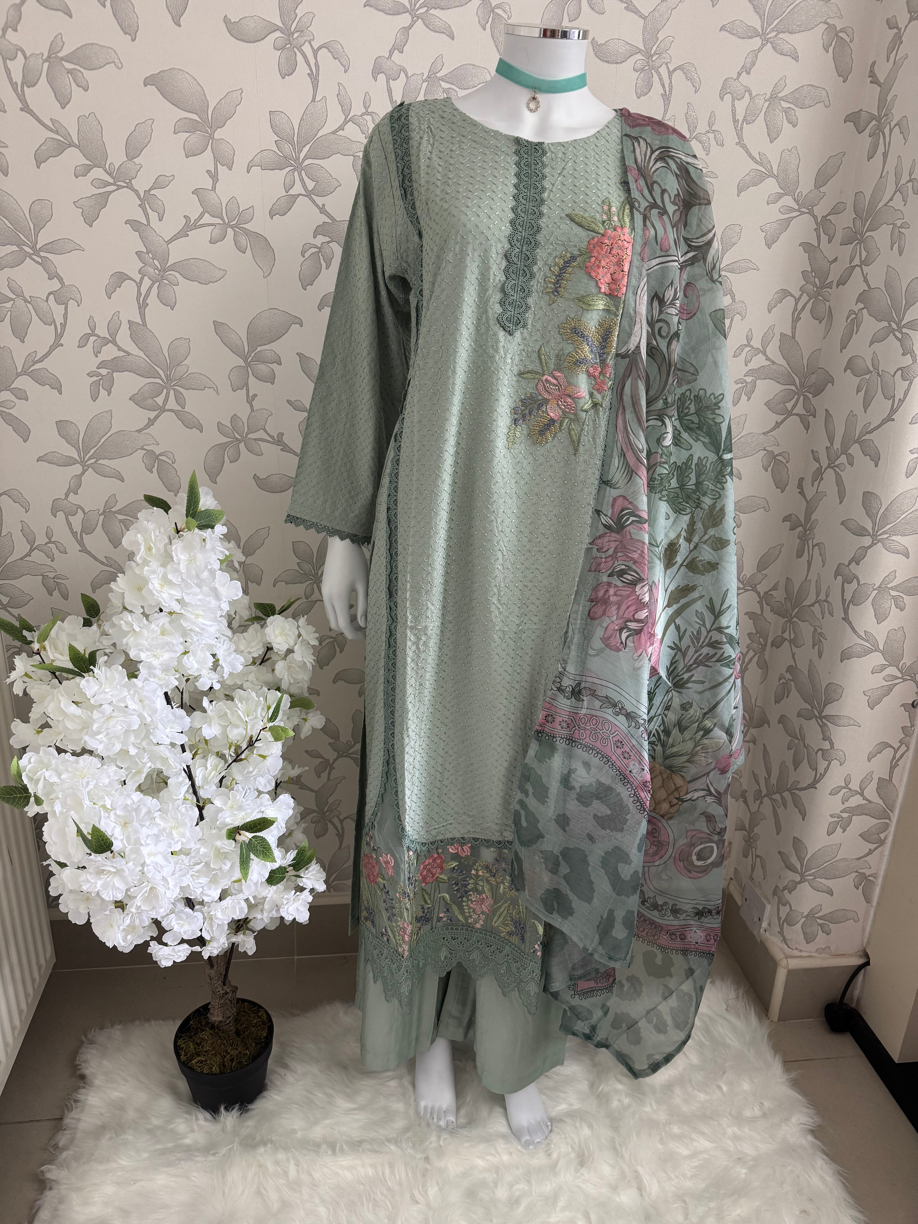 M Prints inspired Embroidered 3-Piece Suit | Pakistani Designer Dress