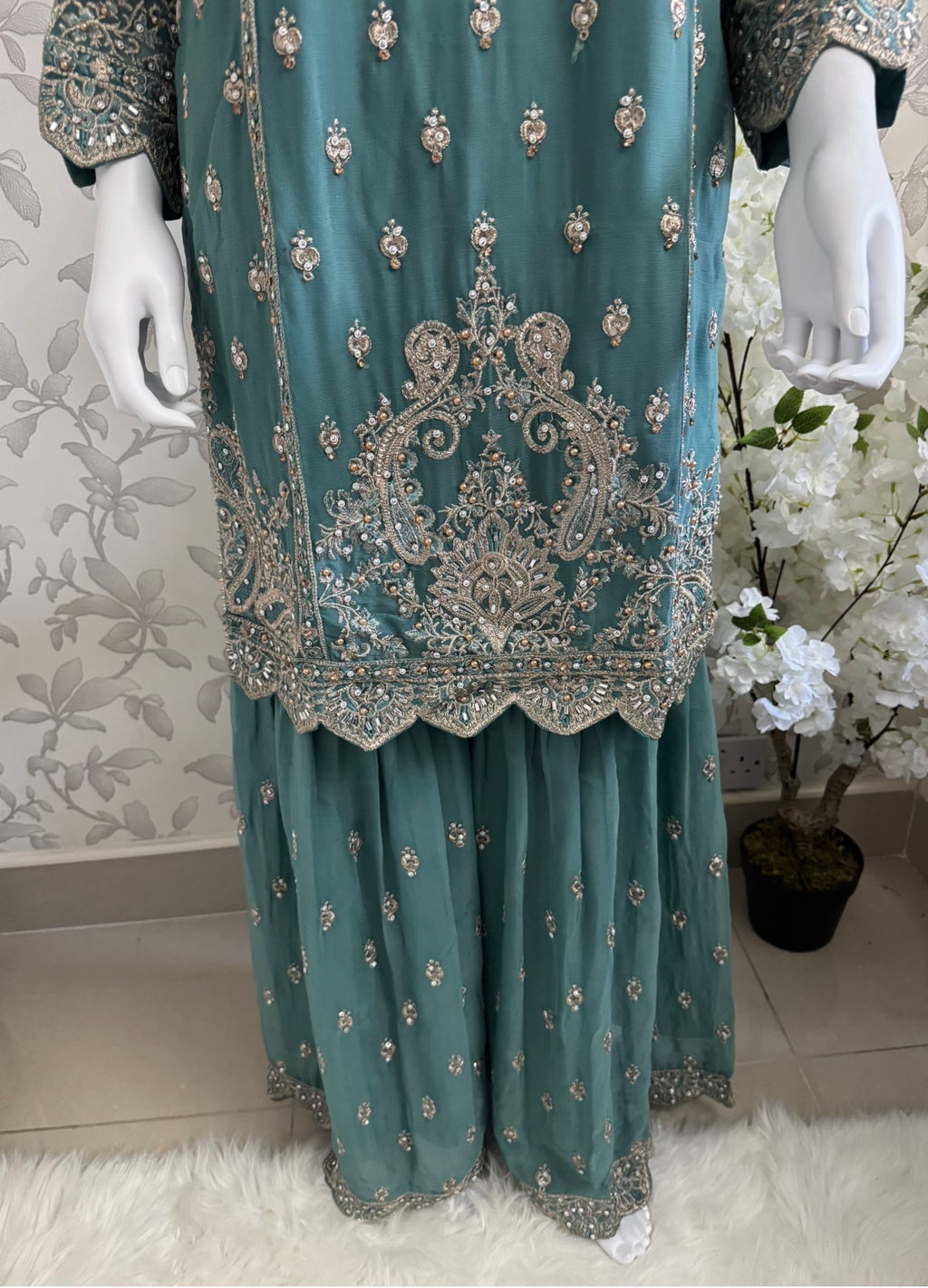 SAFFA- 3 piece Embroidered Chiffon Gharara Suit