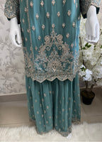 SAFFA- 3 piece Embroidered Chiffon Gharara Suit