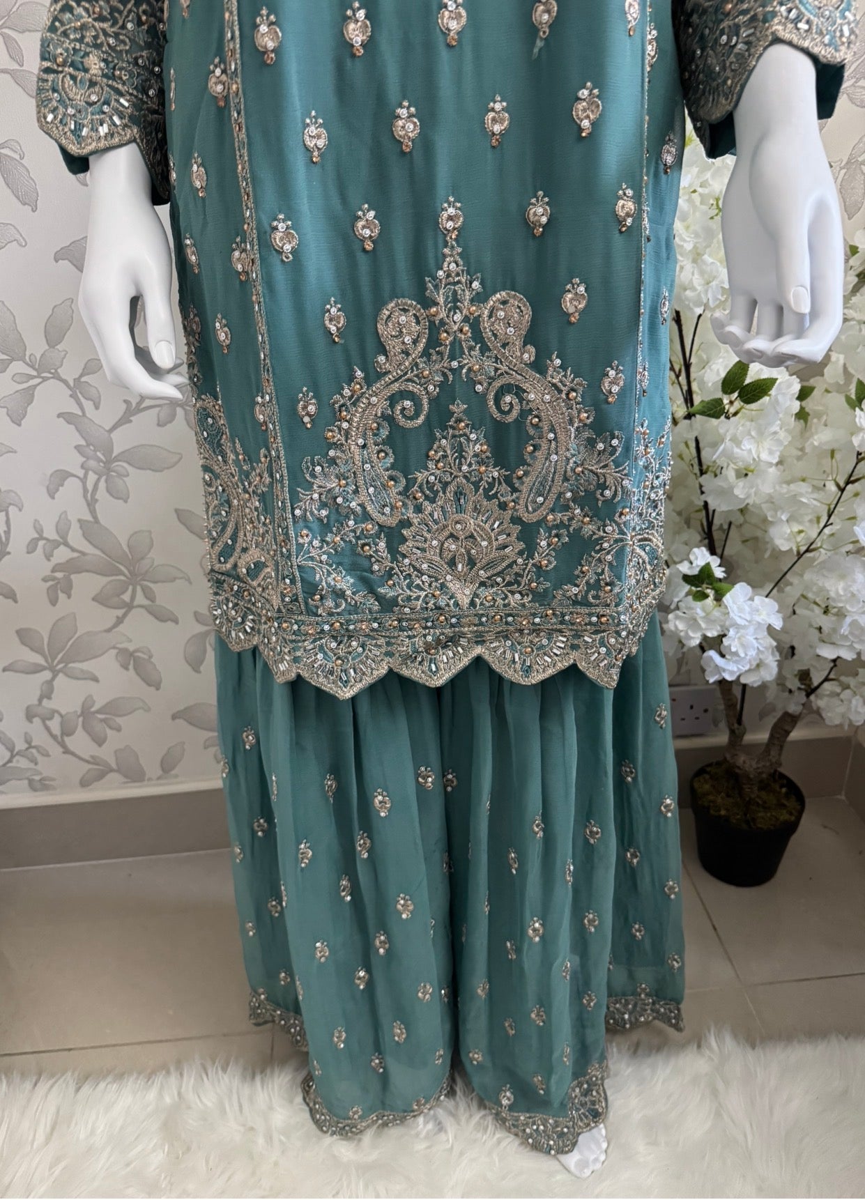 SAFFA- 3 piece Embroidered Chiffon Gharara Suit