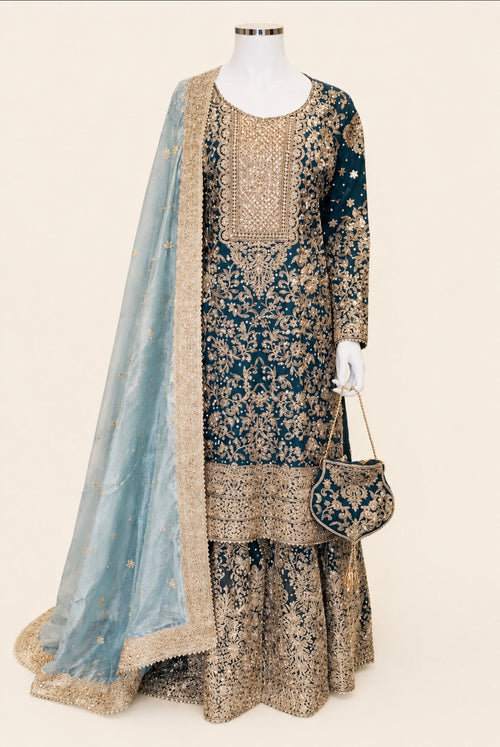 MAAYA - 3 piece Heavy Embroidered Chiffon Gharara suit