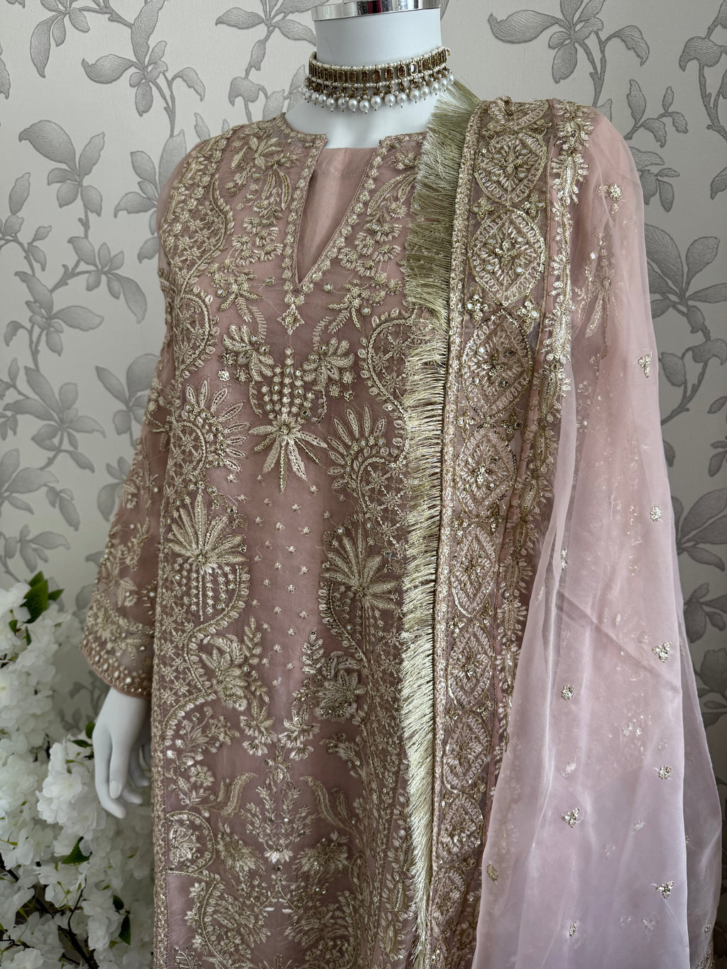 AFROZ Blush Pink- 3 piece Embroidered soft Organza suit