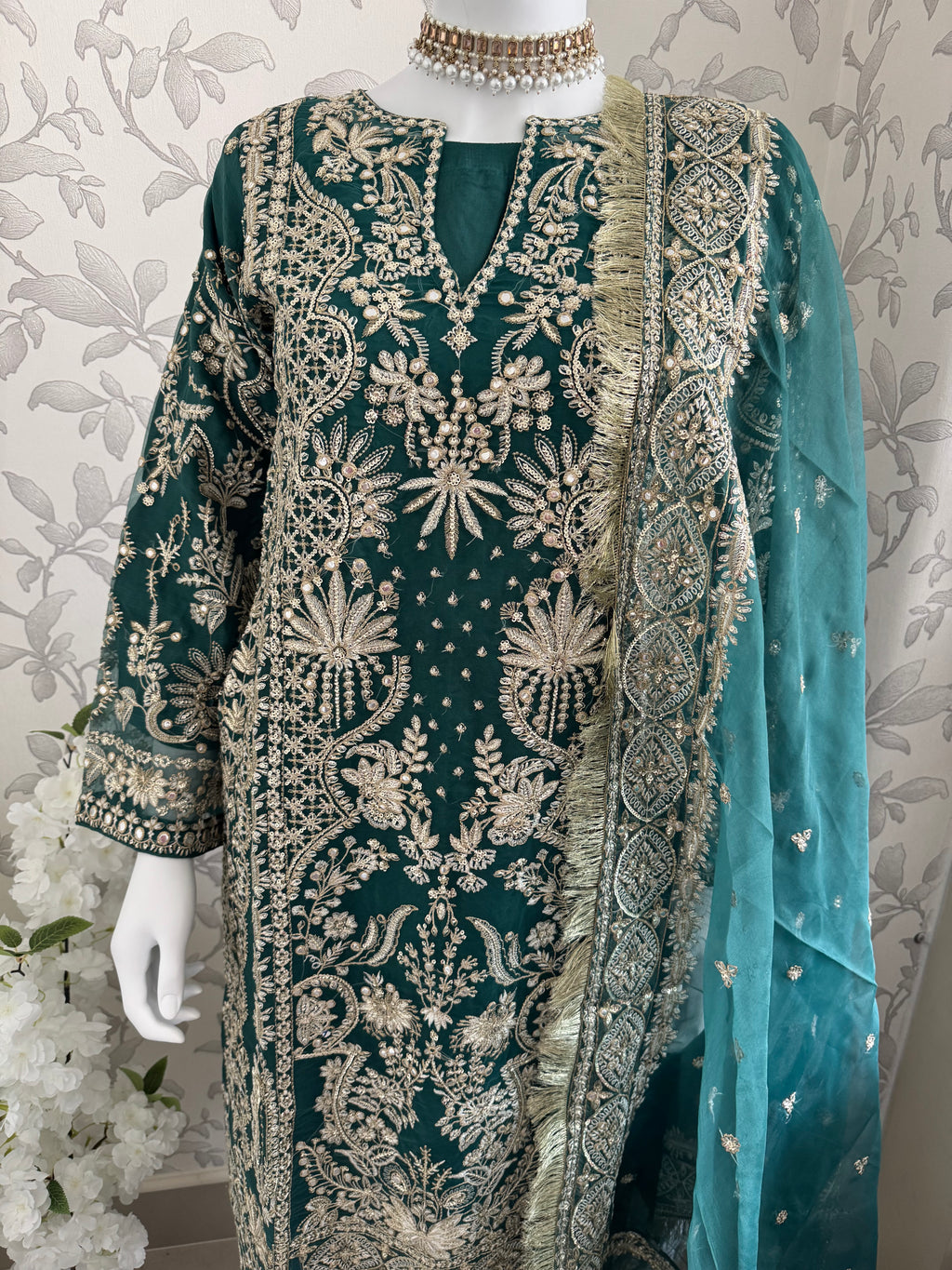 AFROZ Emerald- 3 piece Embroidered soft Organza Suit
