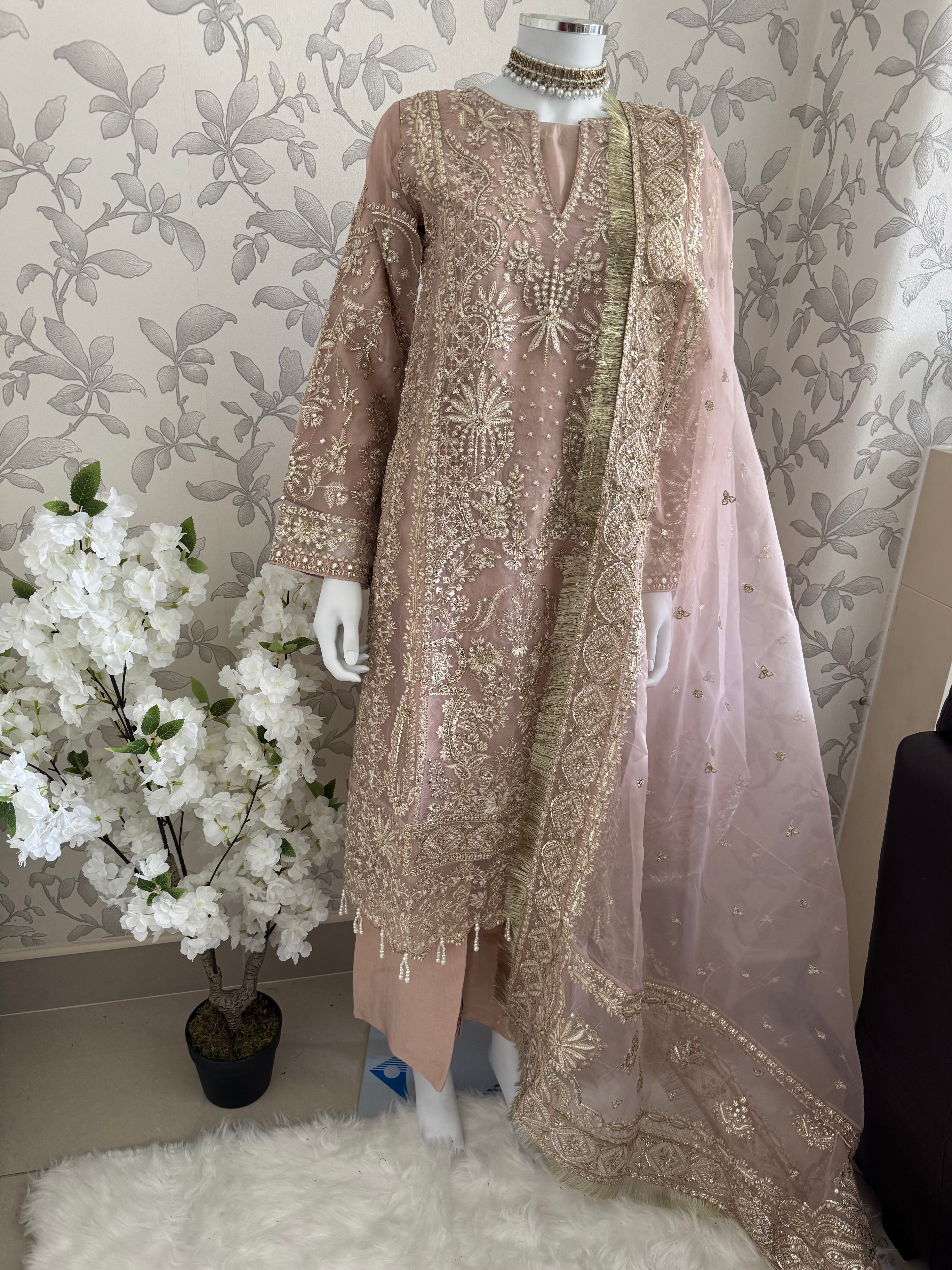 AFROZ Blush Pink- 3 piece Embroidered soft Organza suit