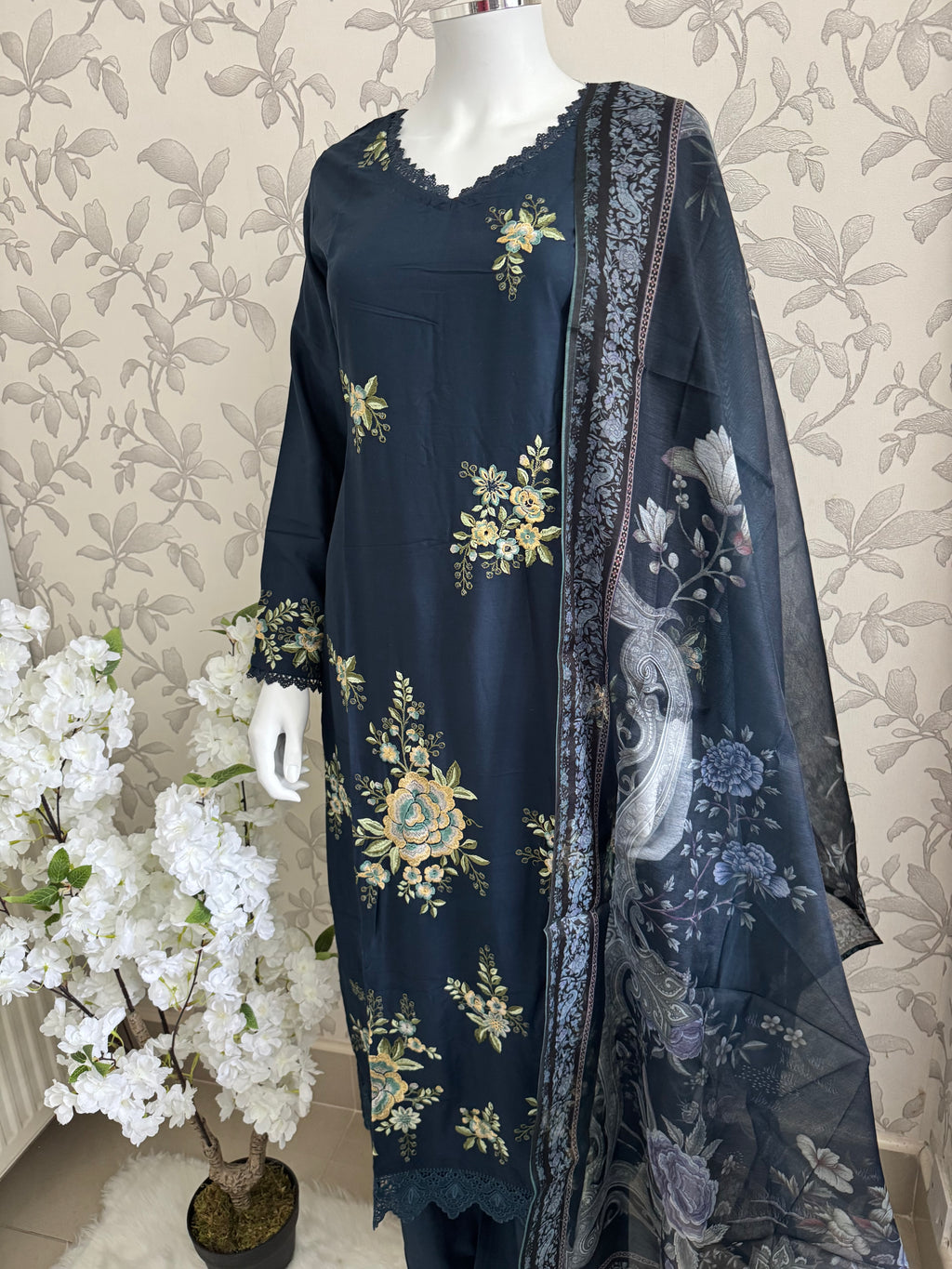 M Prints inspired Embroidered 3-Piece Suit | Pakistani Designer Dress