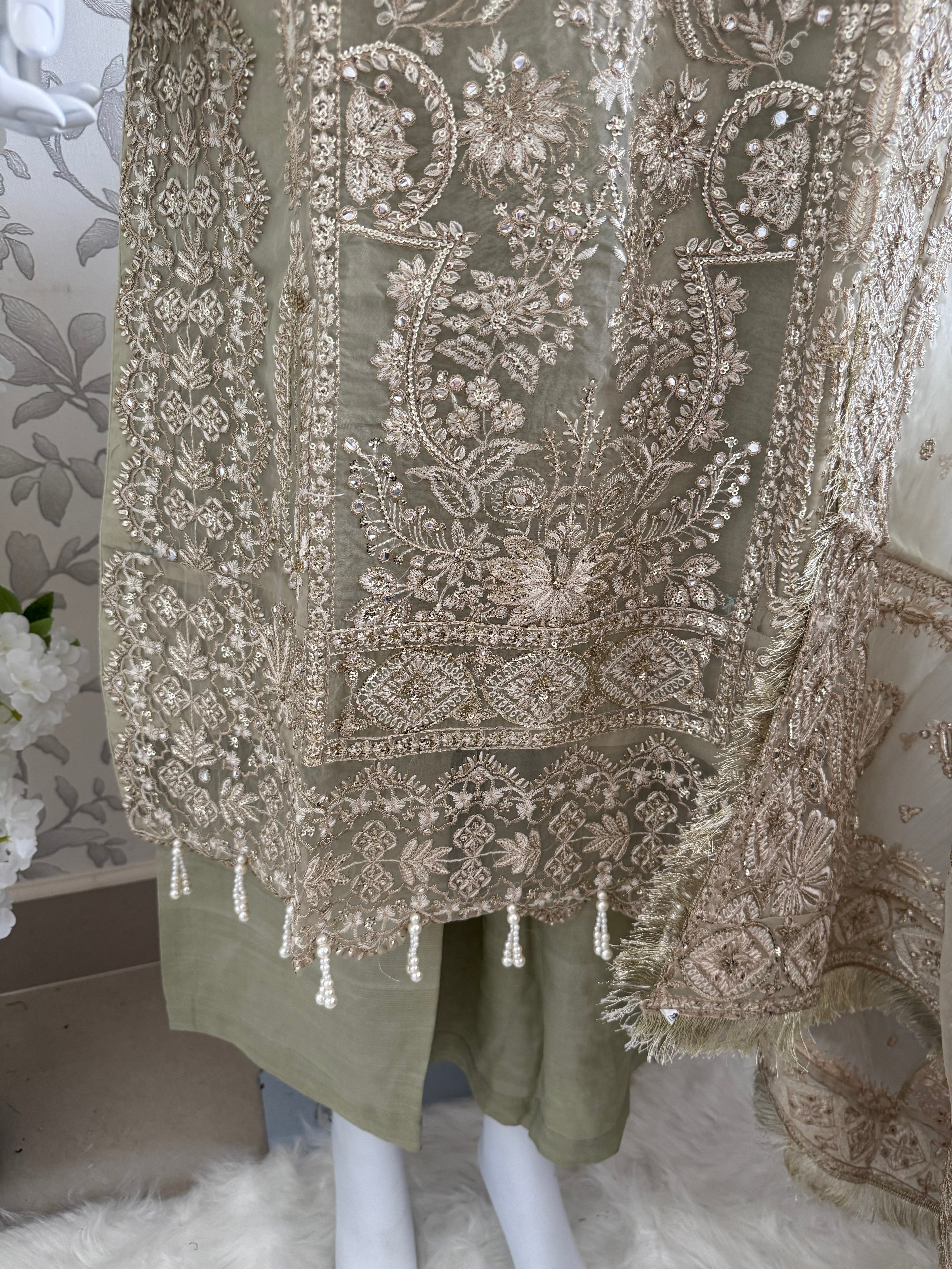 AFROZ Sage green-3 piece Embroidered soft Organza Suit