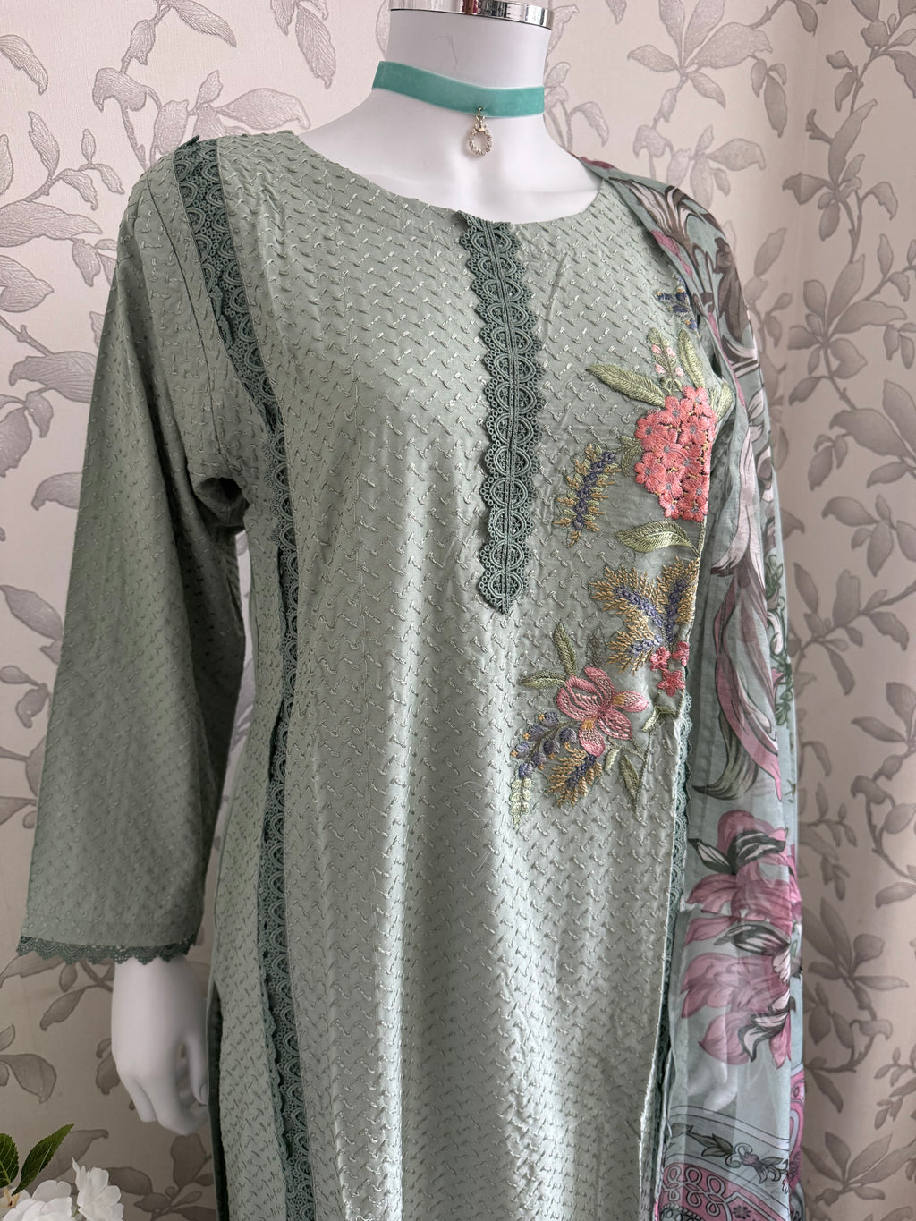 M Prints inspired Embroidered 3-Piece Suit | Pakistani Designer Dress