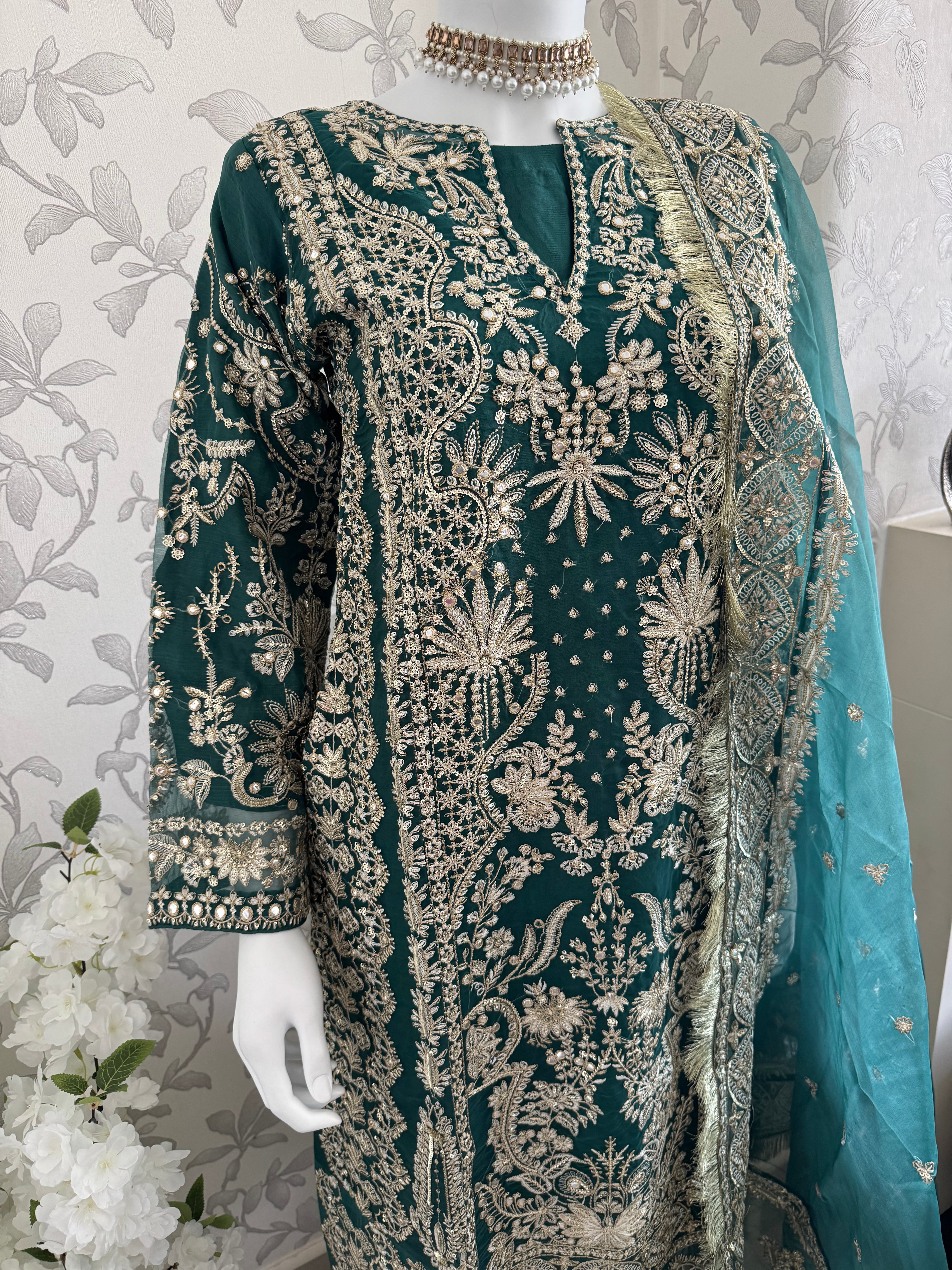 AFROZ Emerald- 3 piece Embroidered soft Organza Suit