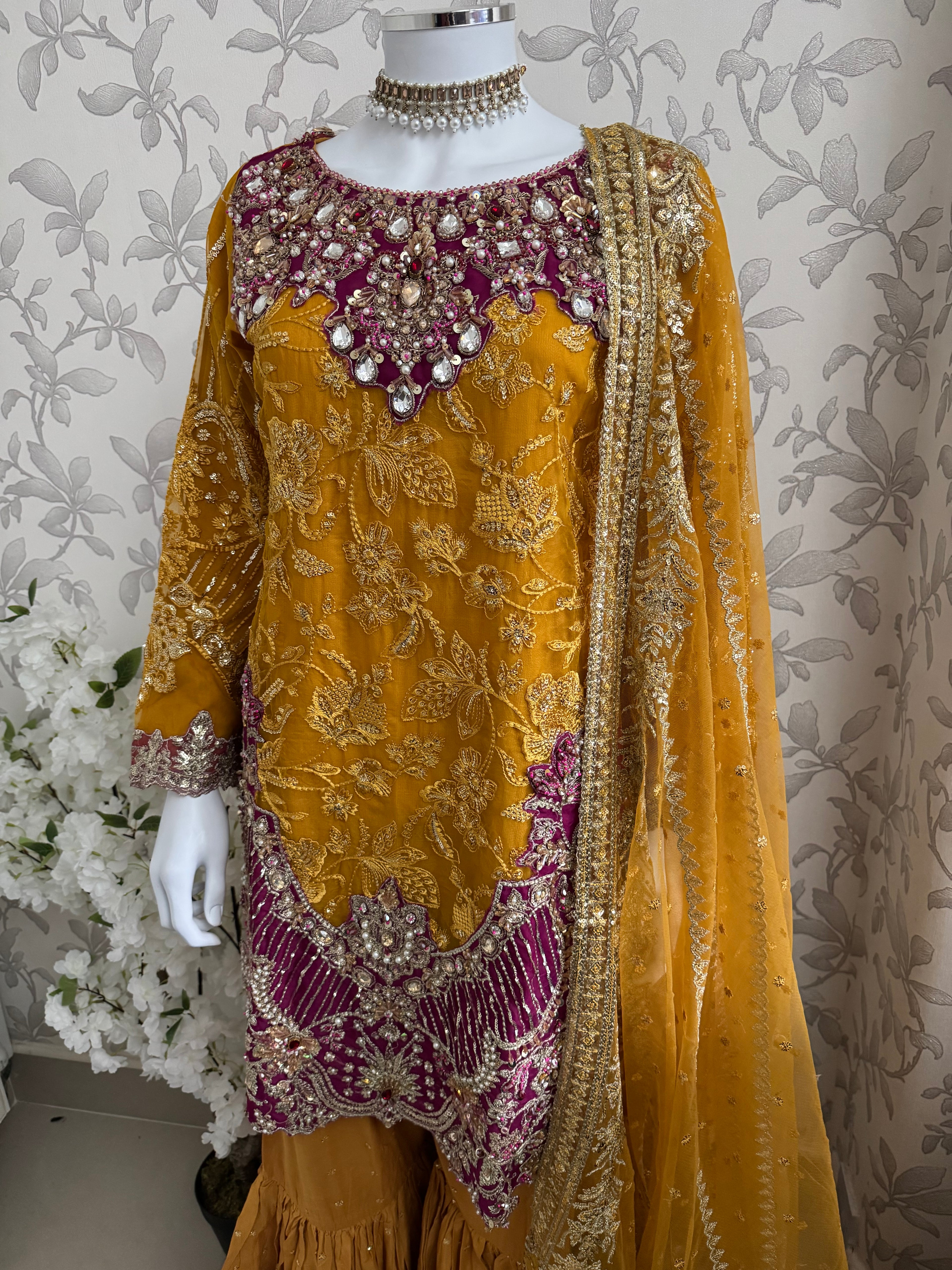 IMROZIAA- 3 piece Embroidered chiffon Gharara Suit
