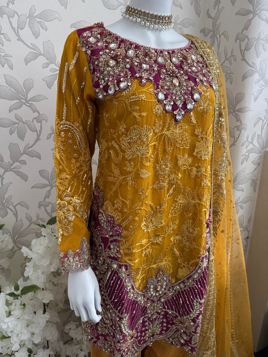 IMROZIAA- 3 piece Embroidered chiffon Gharara Suit