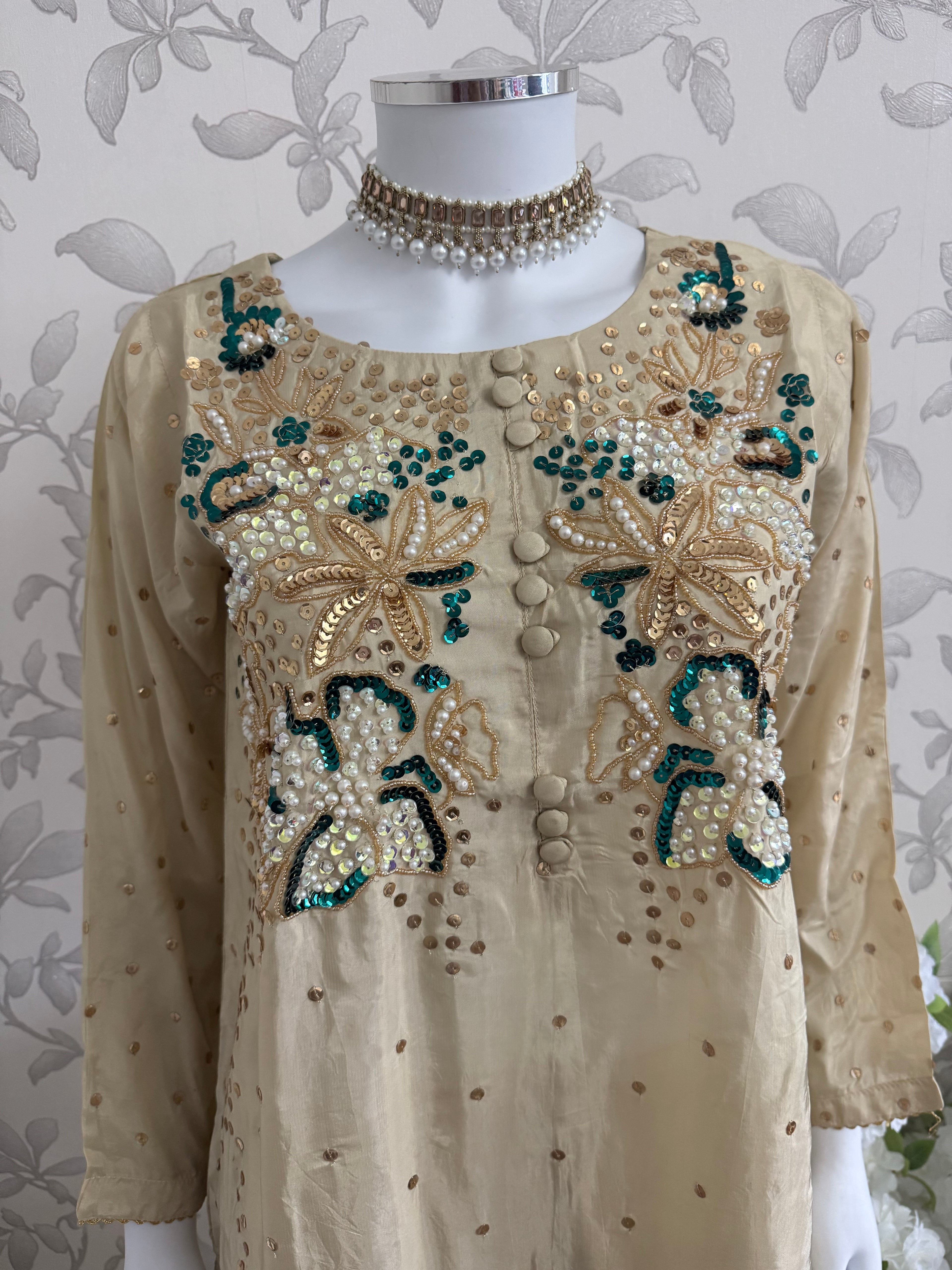SILKY CHARM- 3 piece sequins Embroidered Silk Suit