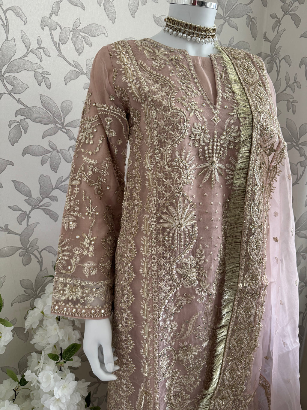 AFROZ Blush Pink- 3 piece Embroidered soft Organza suit