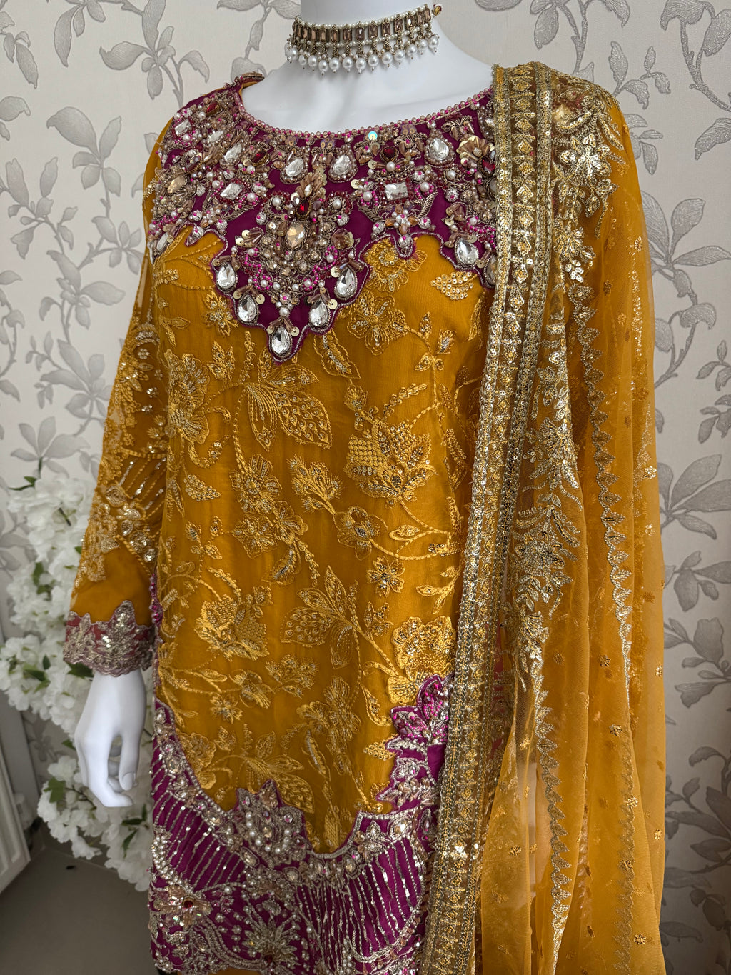 IMROZIAA- 3 piece Embroidered chiffon Gharara Suit