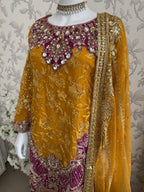 IMROZIAA- 3 piece Embroidered chiffon Gharara Suit