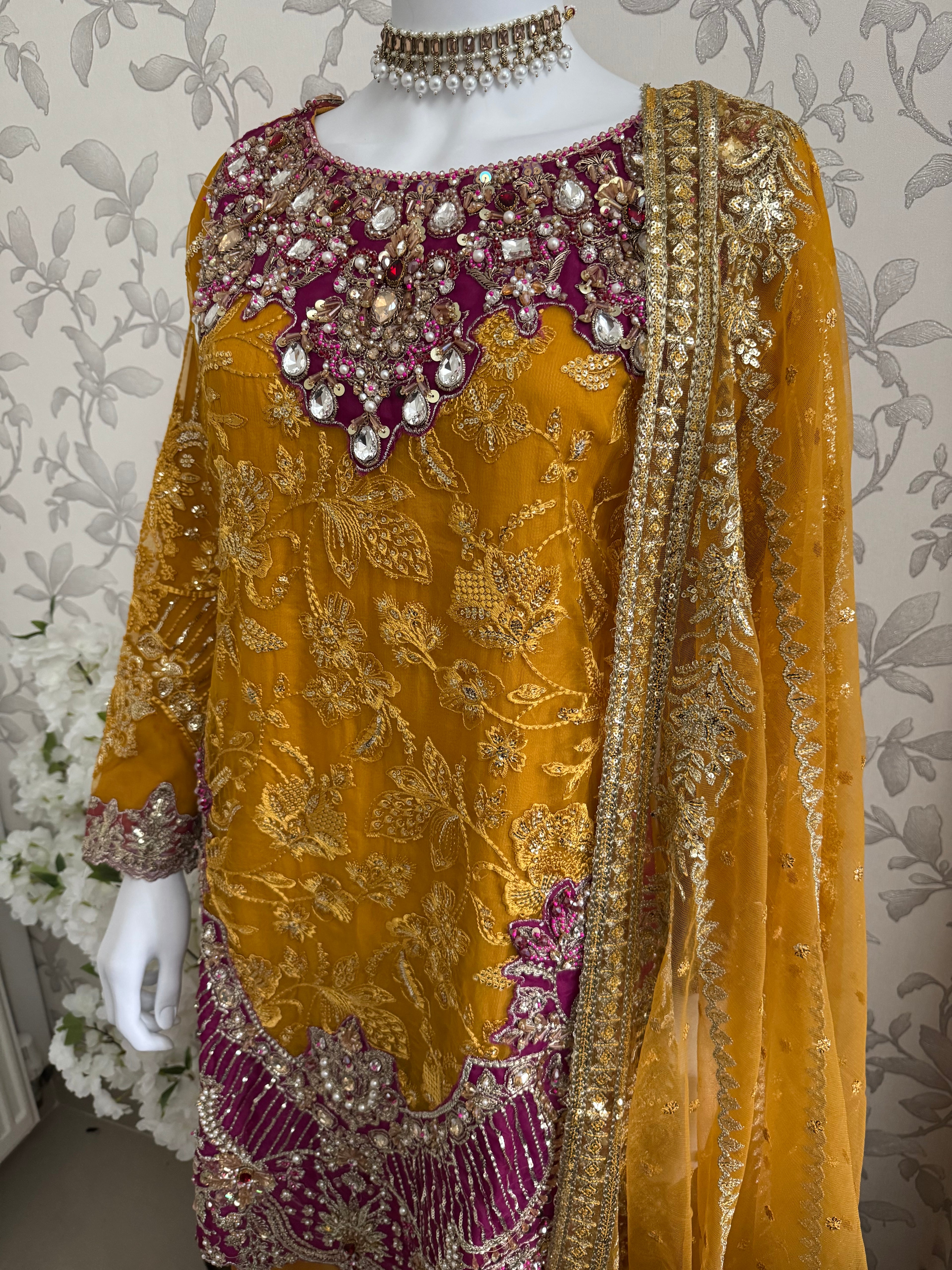 IMROZIAA- 3 piece Embroidered chiffon Gharara Suit