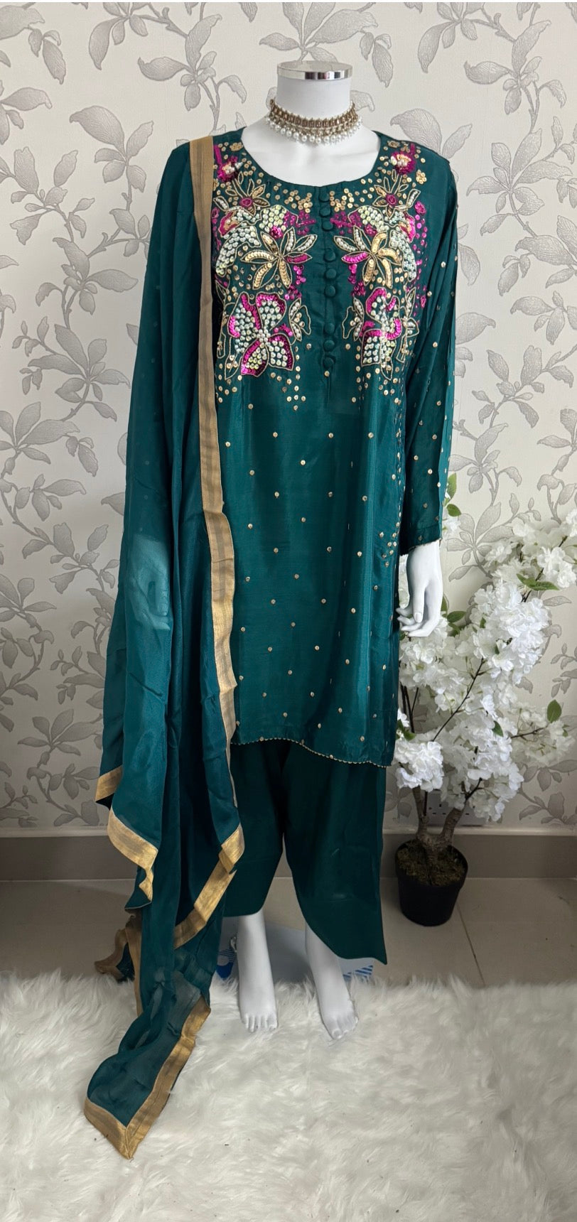 SILKY CHARM- 3 piece sequins Embroidered Silk Suit