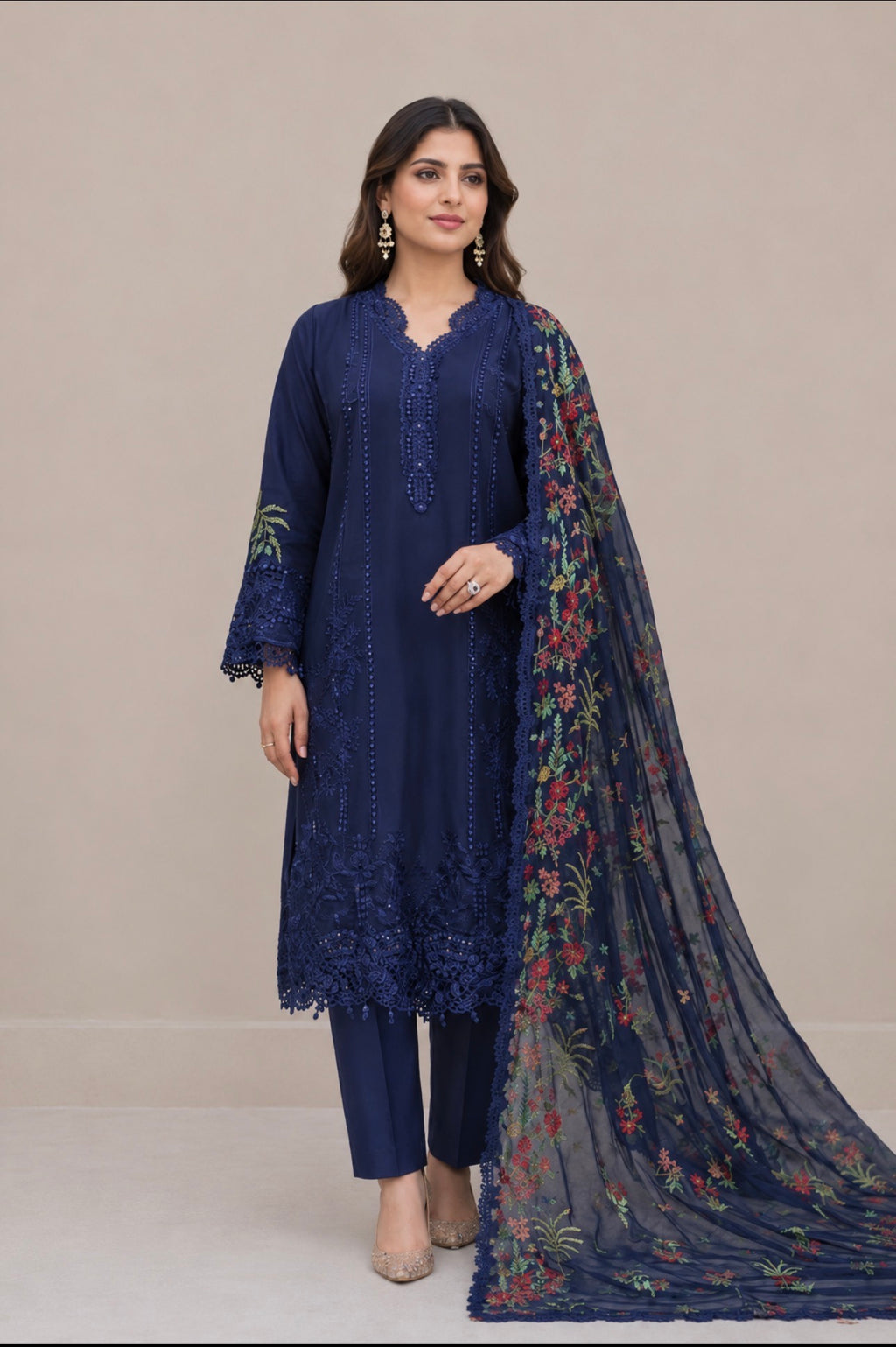 Luxury Navy Blue Embroidered 3 Piece chiffon Suit with embroidered chiffon Dupatta