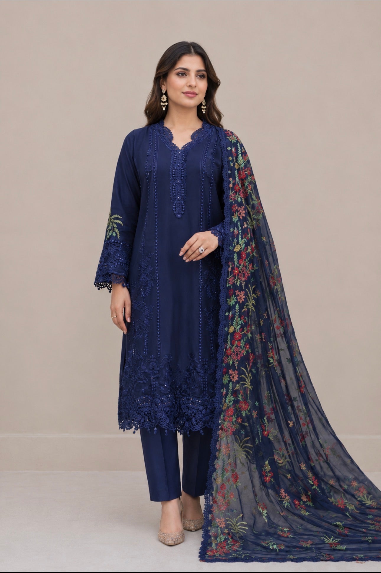 Luxury Navy Blue Embroidered 3 Piece chiffon Suit with embroidered chiffon Dupatta