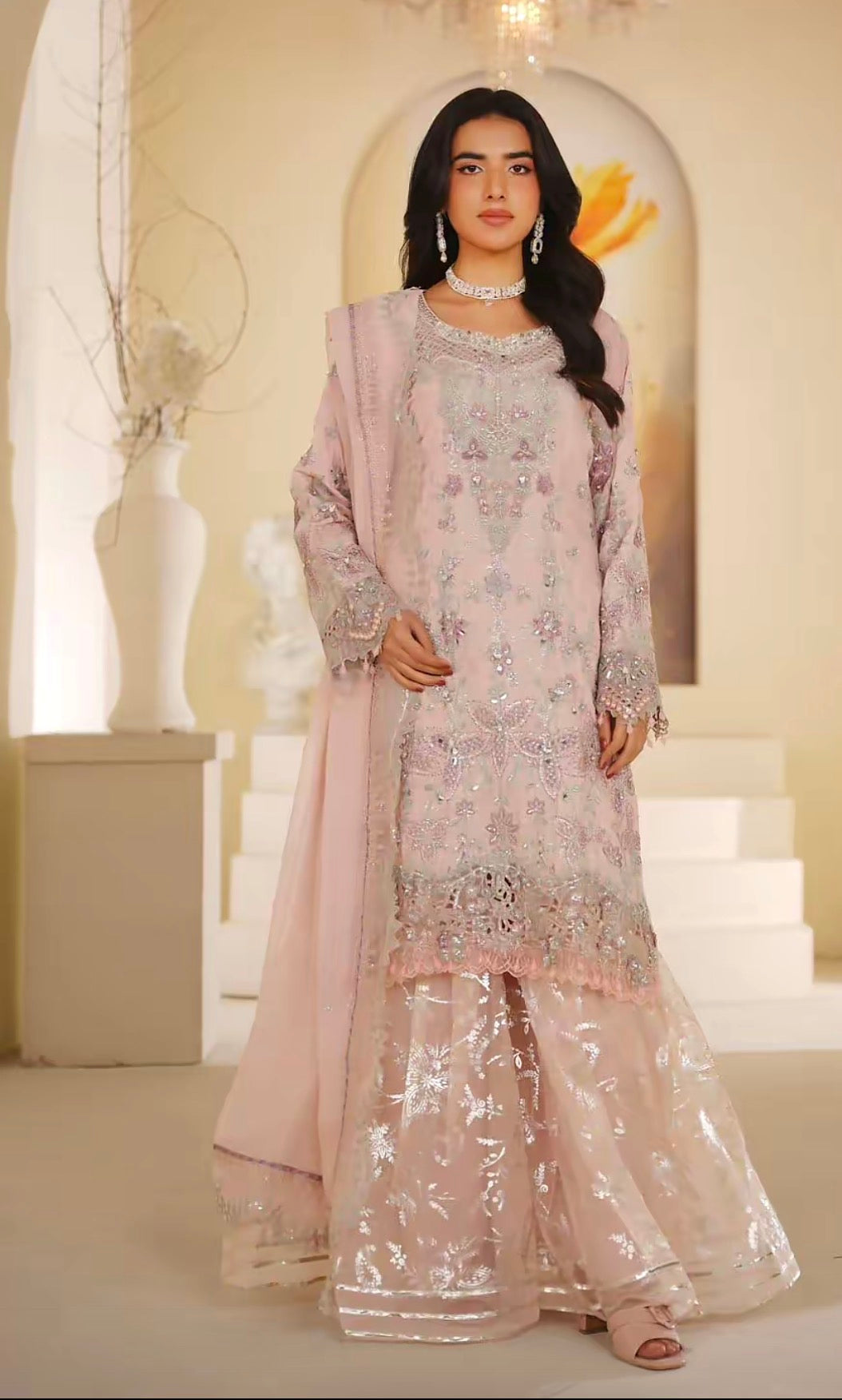 Blush Pearl Embroidered 3-Piece Luxury Sharara Suit with Chiffon Dupatta