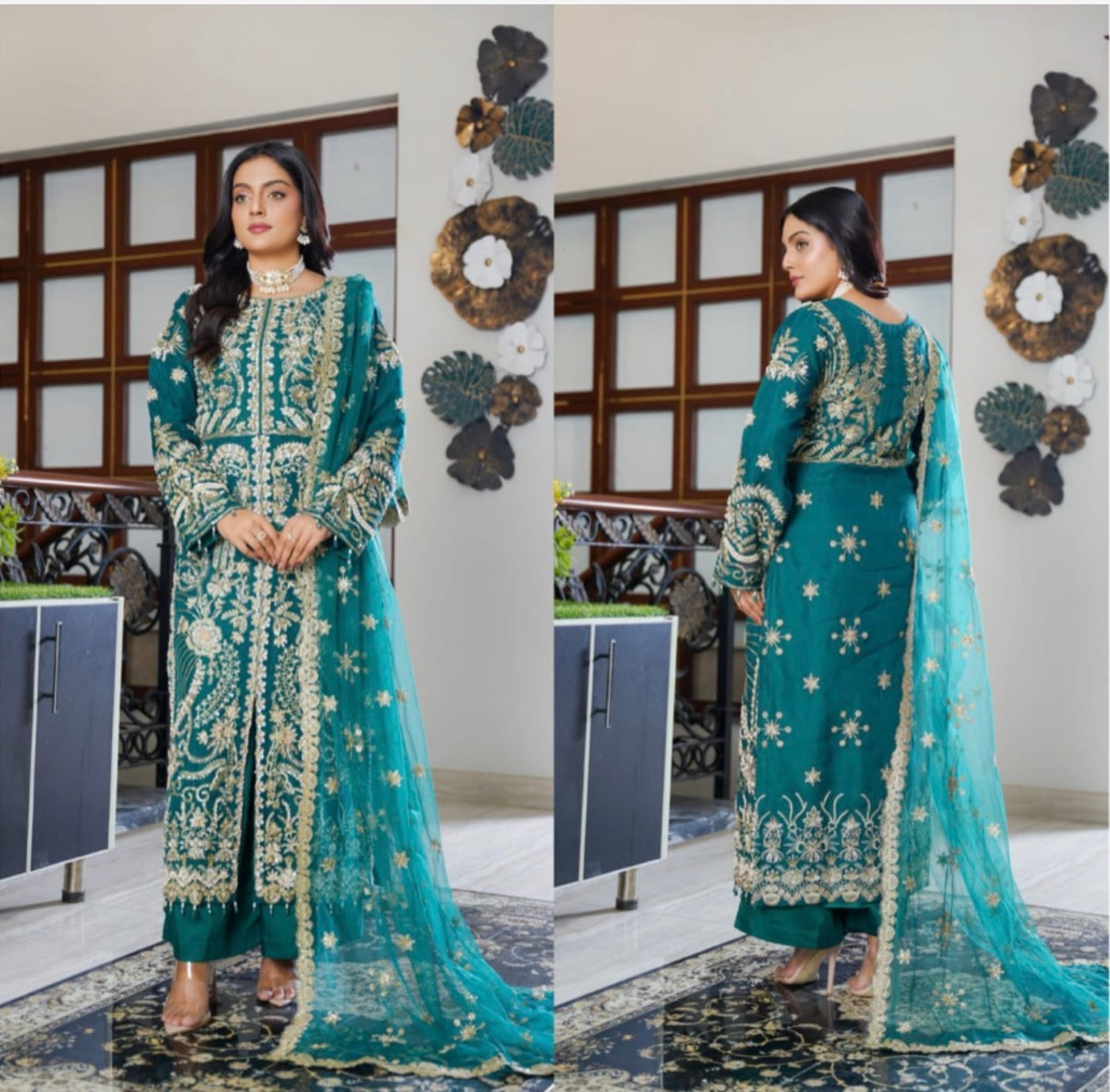 SYRA-3 pieces heavy embroidered soft organza suit