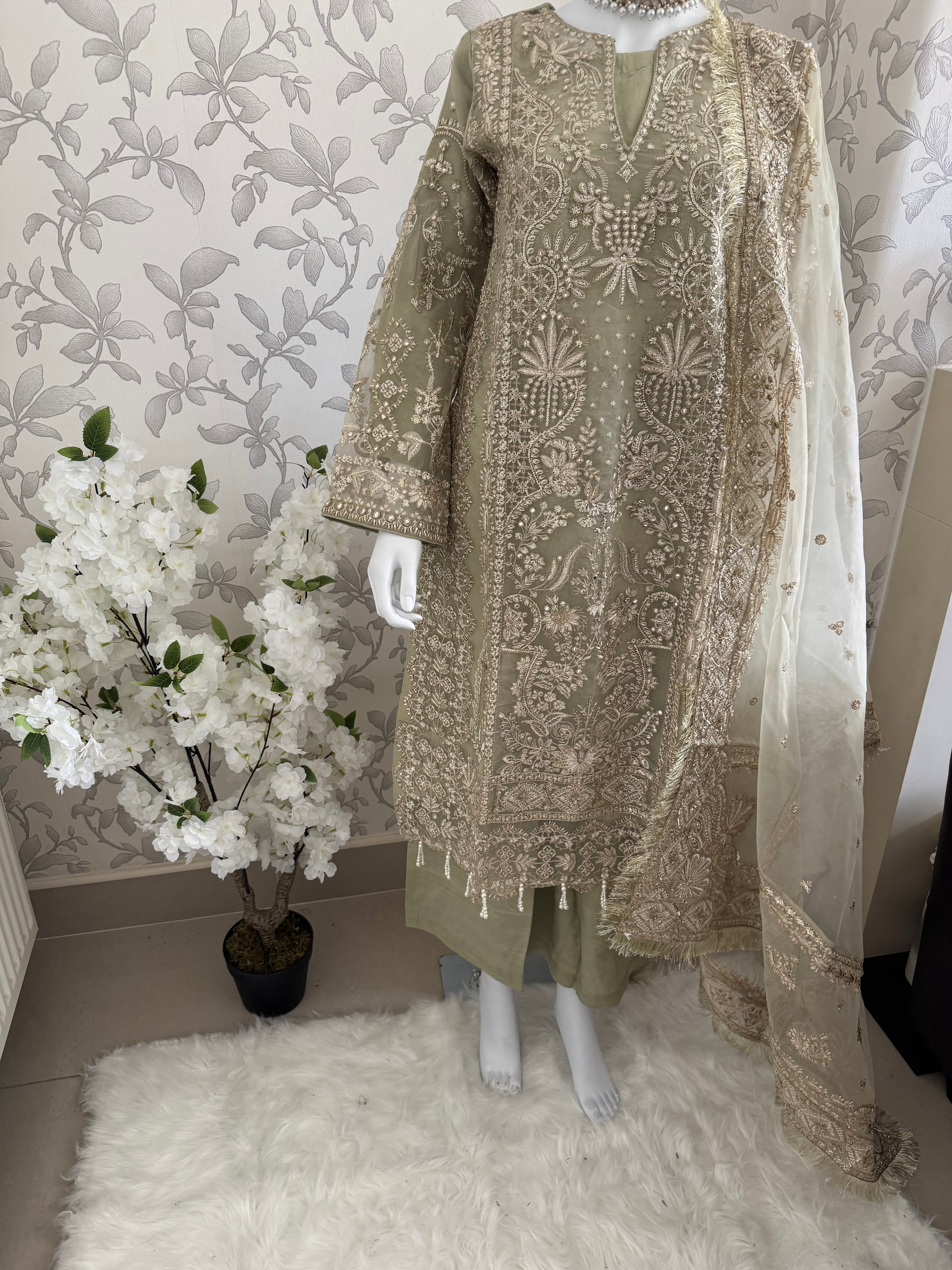 AFROZ Sage green-3 piece Embroidered soft Organza Suit