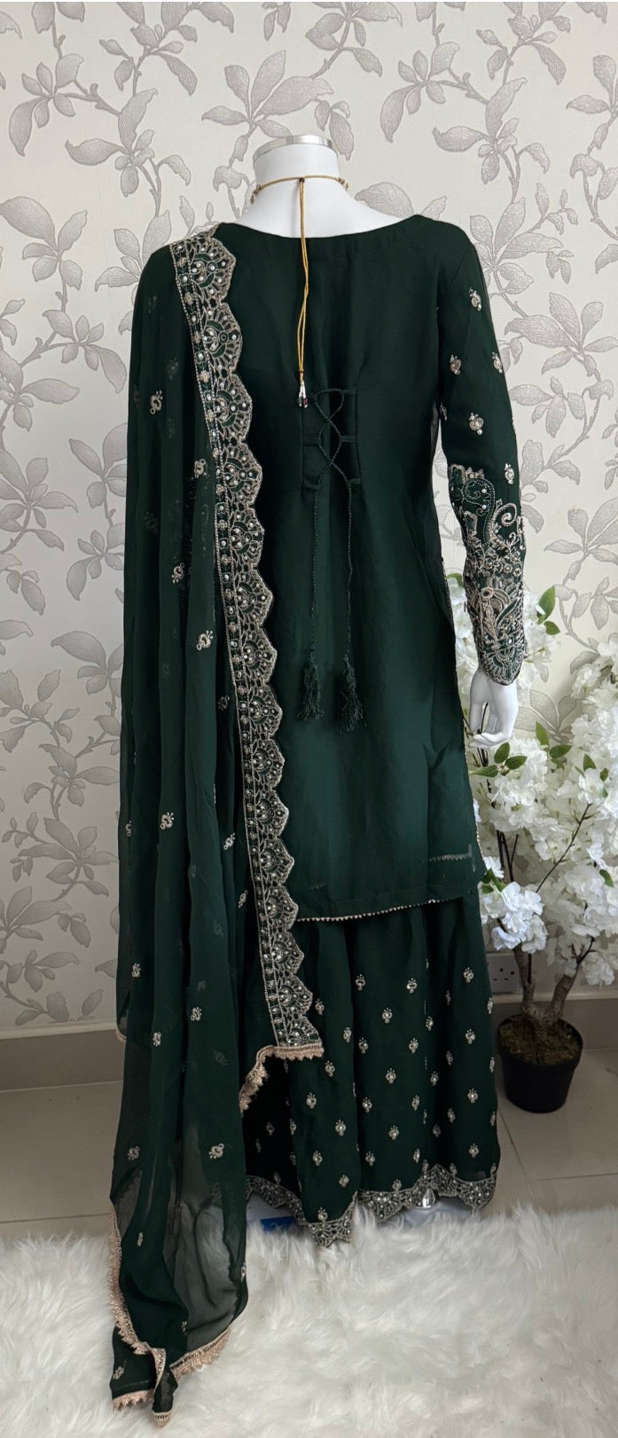 SAFFA- 3 piece Embroidered Chiffon Gharara Suit