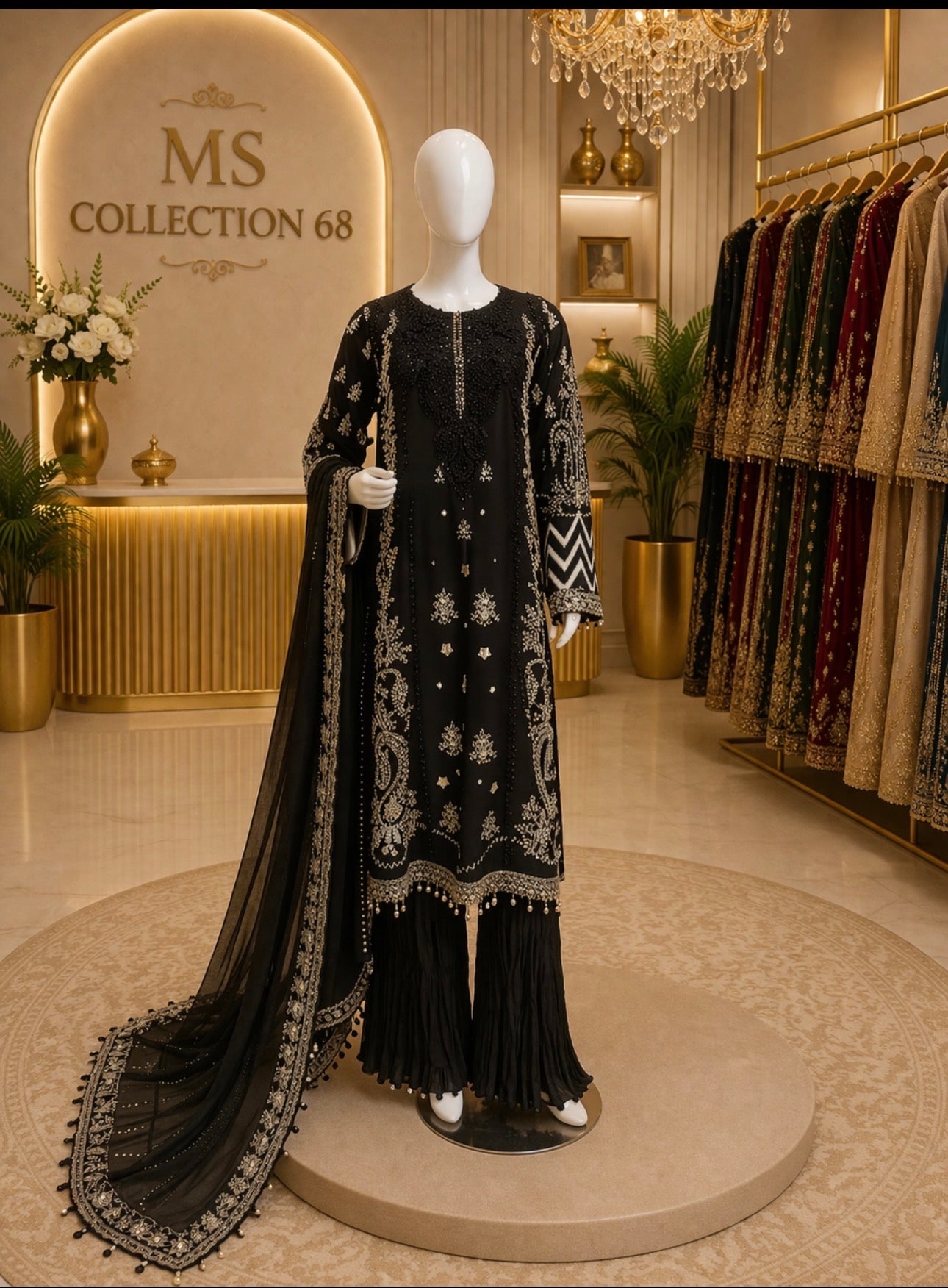 Midnight Royale Embroidered 3-Piece Suit with Pleated Palazzo & Net Dupatta